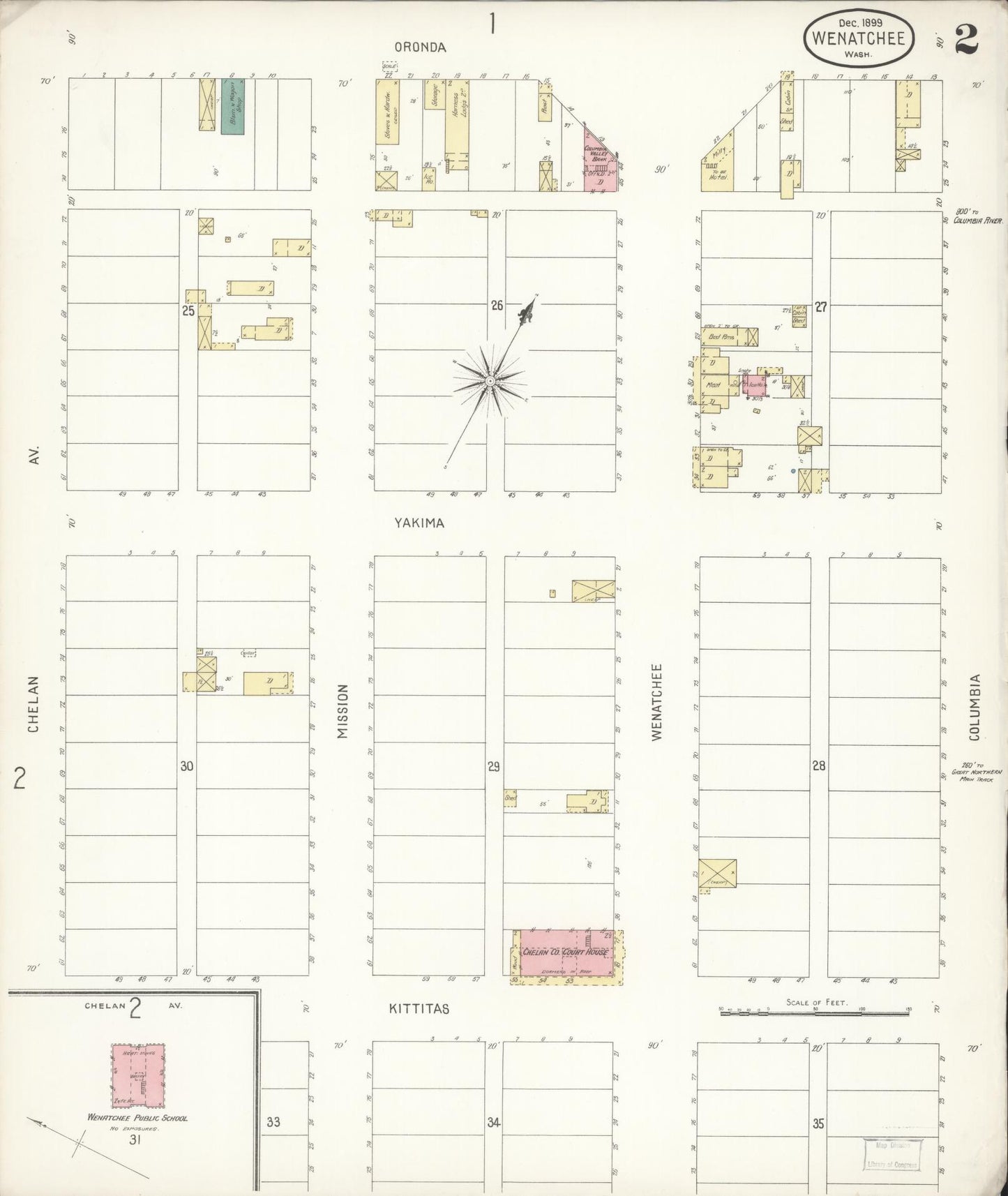 Sanborn Fire Insurance Map from Wenatchee, Chelan County, Washington (1899), Sheet #0002 - Complete Map Set gallery image, historic Sanborn map, vintage wall art, Washington Washington