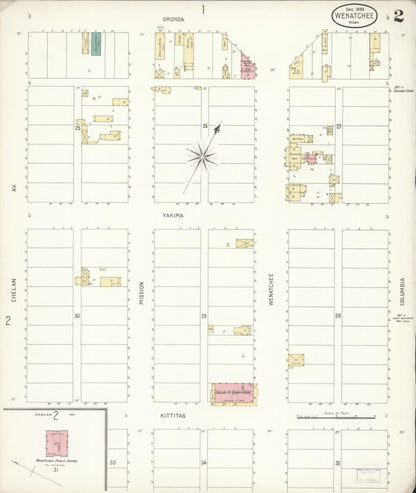 Sanborn Fire Insurance Map from Wenatchee, Chelan County, Washington (1899), Sheet #0002 - Complete Map Set gallery image, historic Sanborn map, vintage wall art, Washington Washington