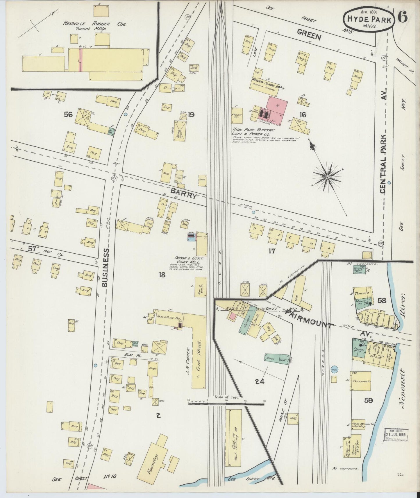 Sanborn Fire Insurance Map from Hyde Park, Norfolk County, Massachusetts (1891), Sheet #0006 - Historic Sanborn Fire Insurance Map Print, vintage old map wall art, antique decor, genealogy gift, Massachusetts Massachusetts map