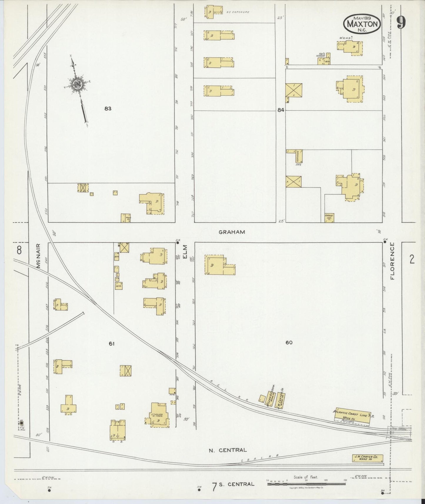 Sanborn Fire Insurance Map from Maxton, Robeson County, North Carolina (1919), Sheet #0009 - Complete Map Set gallery image, historic Sanborn map, vintage wall art, North Carolina North Carolina