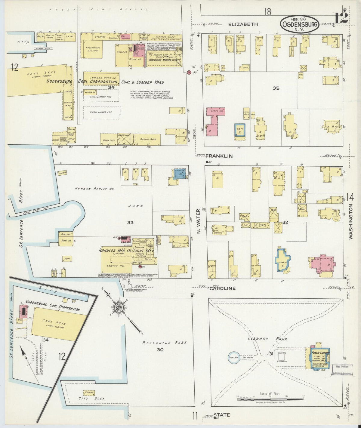Sanborn Fire Insurance Map from Ogdensburg, St. Lawrence County, New York (1918), Sheet #0012 - Historic Sanborn Fire Insurance Map Print, vintage old map wall art, antique decor, genealogy gift, New York New York map