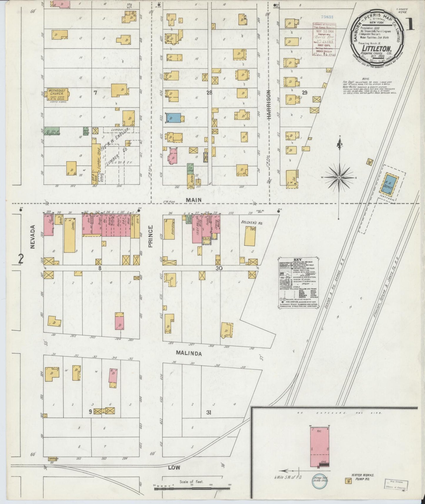 Sanborn Fire Insurance Map from Littleton, Arapahoe County, Colorado (1900), Sheet #0001 - Complete Map Set gallery image, historic Sanborn map, vintage wall art, Colorado Colorado