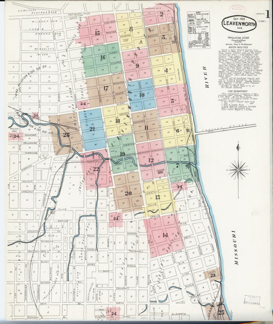 Sanborn Fire Insurance Map from Leavenworth, Leavenworth County, Kansas (1889), Sheet #0002 - Historic Sanborn Fire Insurance Map Print, vintage old map wall art, antique decor, genealogy gift, Kansas Kansas map