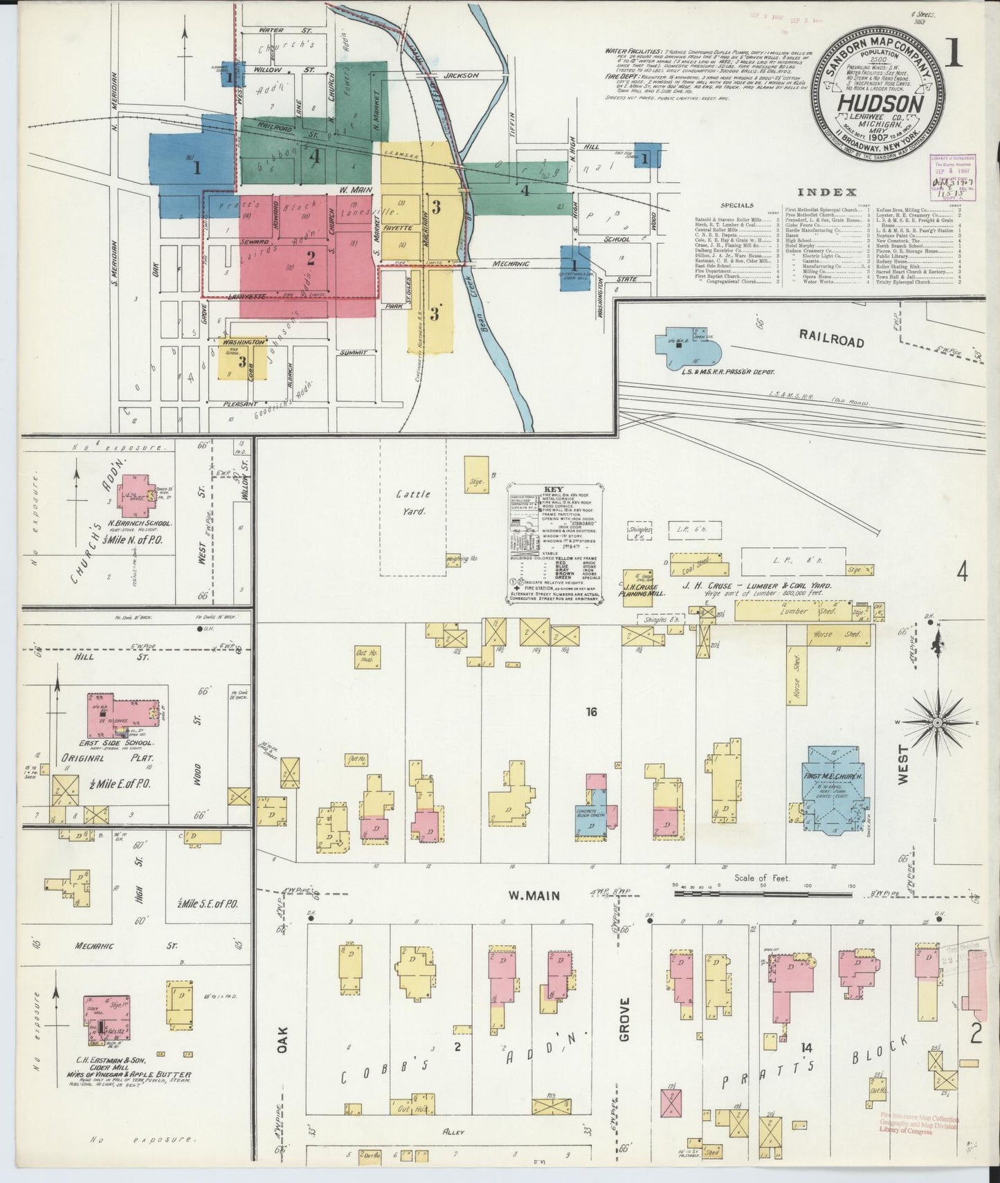 Sanborn Fire Insurance Map from Hudson, Lenawee County, Michigan (1907), Sheet #0001 - Complete Map Set gallery image, historic Sanborn map, vintage wall art, Michigan Michigan
