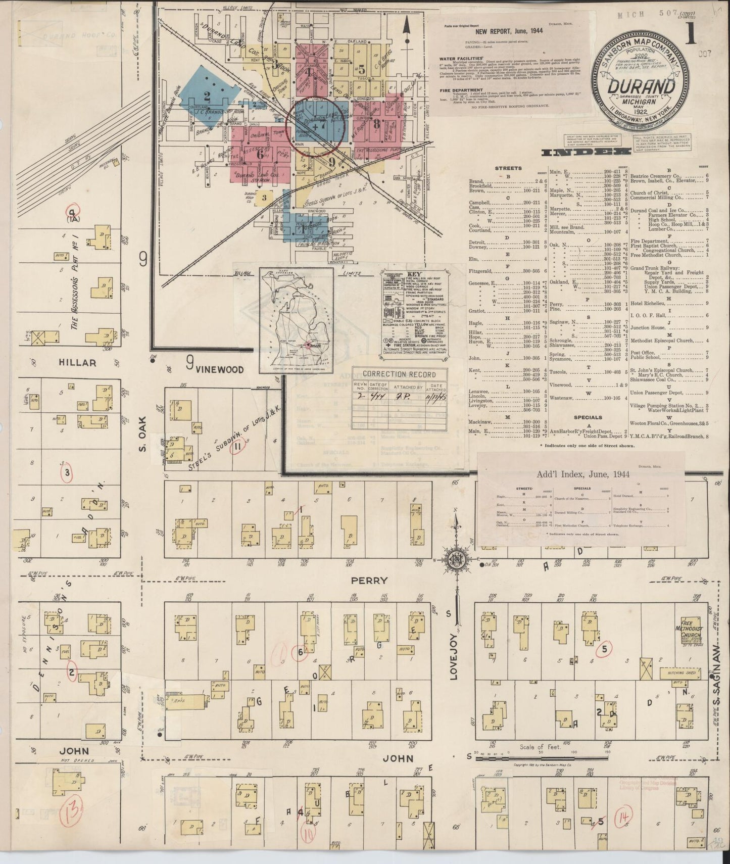 Sanborn Fire Insurance Map from Durand, Shiawassee County, Michigan (1944), Sheet #0001 - Complete Map Set gallery image, historic Sanborn map, vintage wall art, Michigan Michigan