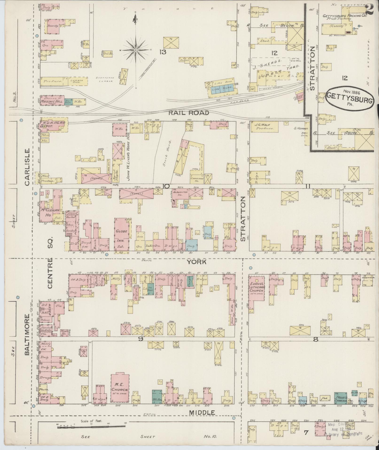 Sanborn Fire Insurance Map from Gettysburg, Adams County, Pennsylvania (1886), Sheet #0002 - Complete Map Set gallery image, historic Sanborn map, vintage wall art, Pennsylvania Pennsylvania