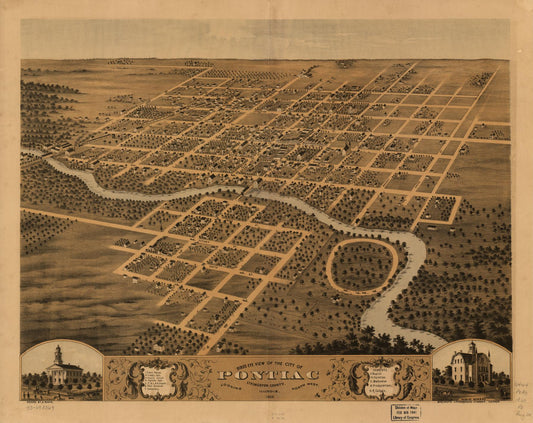 Bird's eye view of the city of Pontiac, Livingston County, Illinois 1869. (1869) – Historic Bird’s-Eye View Panorama Print