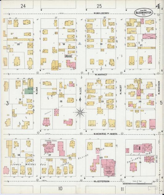 Sanborn Fire Insurance Map from Bloomington, McLean County, Illinois (1901), Sheet #0004 - Historic Sanborn Fire Insurance Map Print, vintage old map wall art, antique decor, genealogy gift, Illinois Illinois map