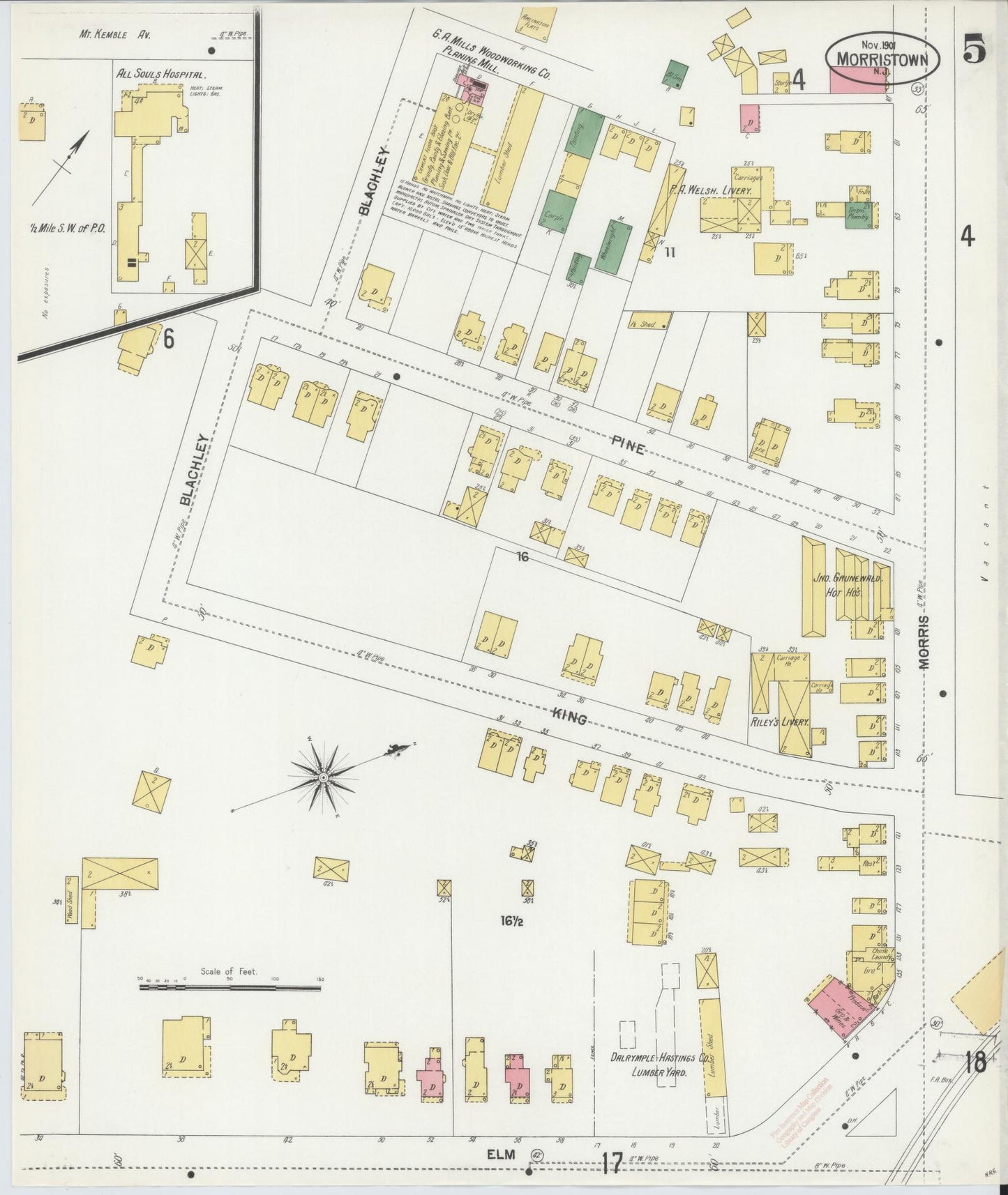 Sanborn Fire Insurance Map from Morristown, Morris County, New Jersey (1901), Sheet #0005 - Complete Map Set gallery image, historic Sanborn map, vintage wall art, New Jersey New Jersey