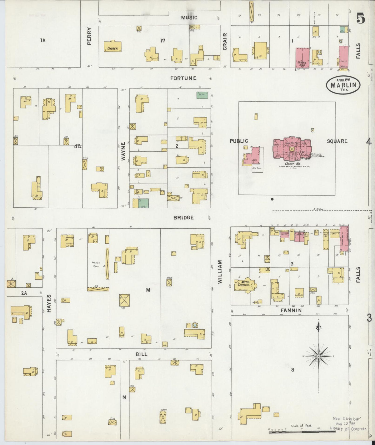 Sanborn Fire Insurance Map from Marlin, Falls County, Texas (1899), Sheet #0005 - Historic Sanborn Fire Insurance Map Print, vintage old map wall art, antique decor, genealogy gift, Texas Texas map