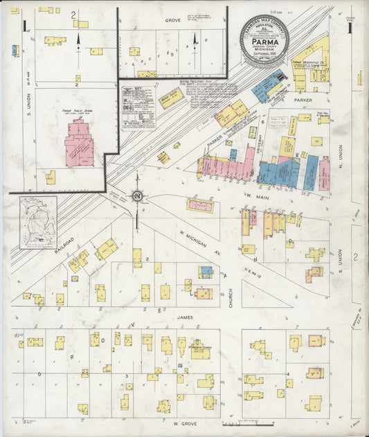 Sanborn Fire Insurance Map from Parma, Jackson County, Michigan (1930), Sheet #0001 - Complete Map Set gallery image, historic Sanborn map, vintage wall art, Michigan Michigan