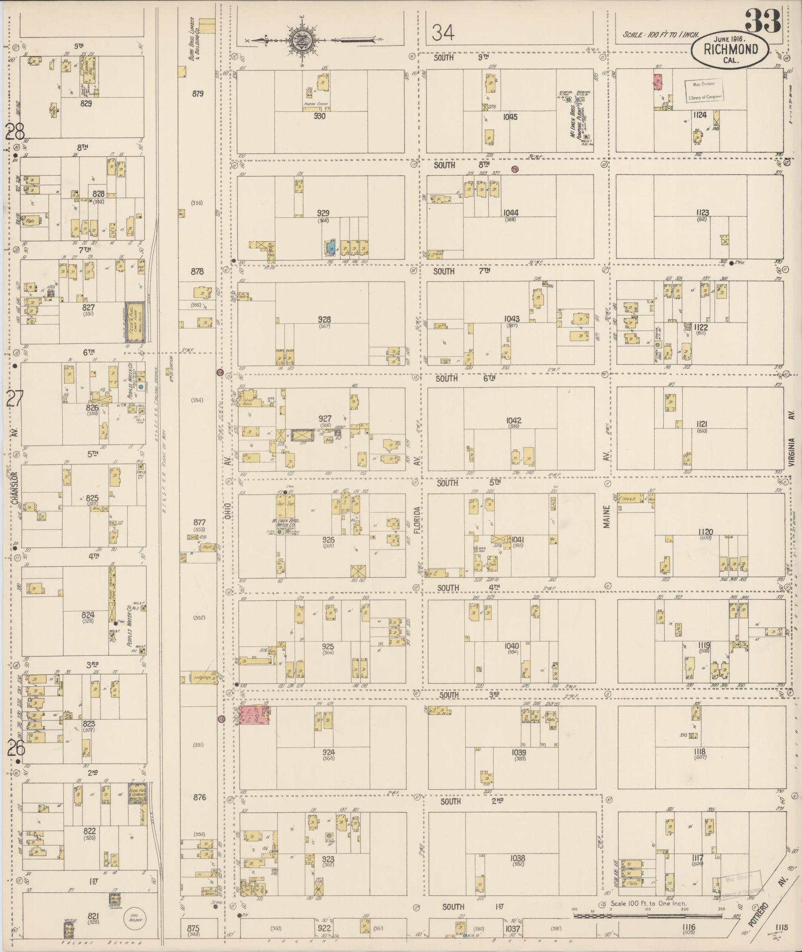 Sanborn Fire Insurance Map from Richmond, Contra Costa County, California (1916), Sheet #0033 - Complete Map Set gallery image, historic Sanborn map, vintage wall art, California California