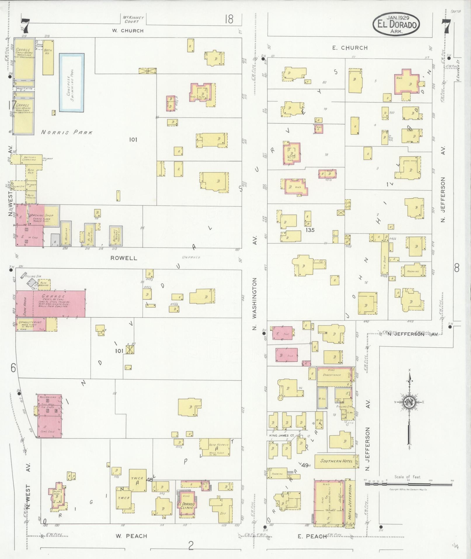 Sanborn Fire Insurance Map from El Dorado, Union County, Arkansas (1929), Sheet #0007 - Historic Sanborn Fire Insurance Map Print, vintage old map wall art, antique decor, genealogy gift, Arkansas Arkansas map