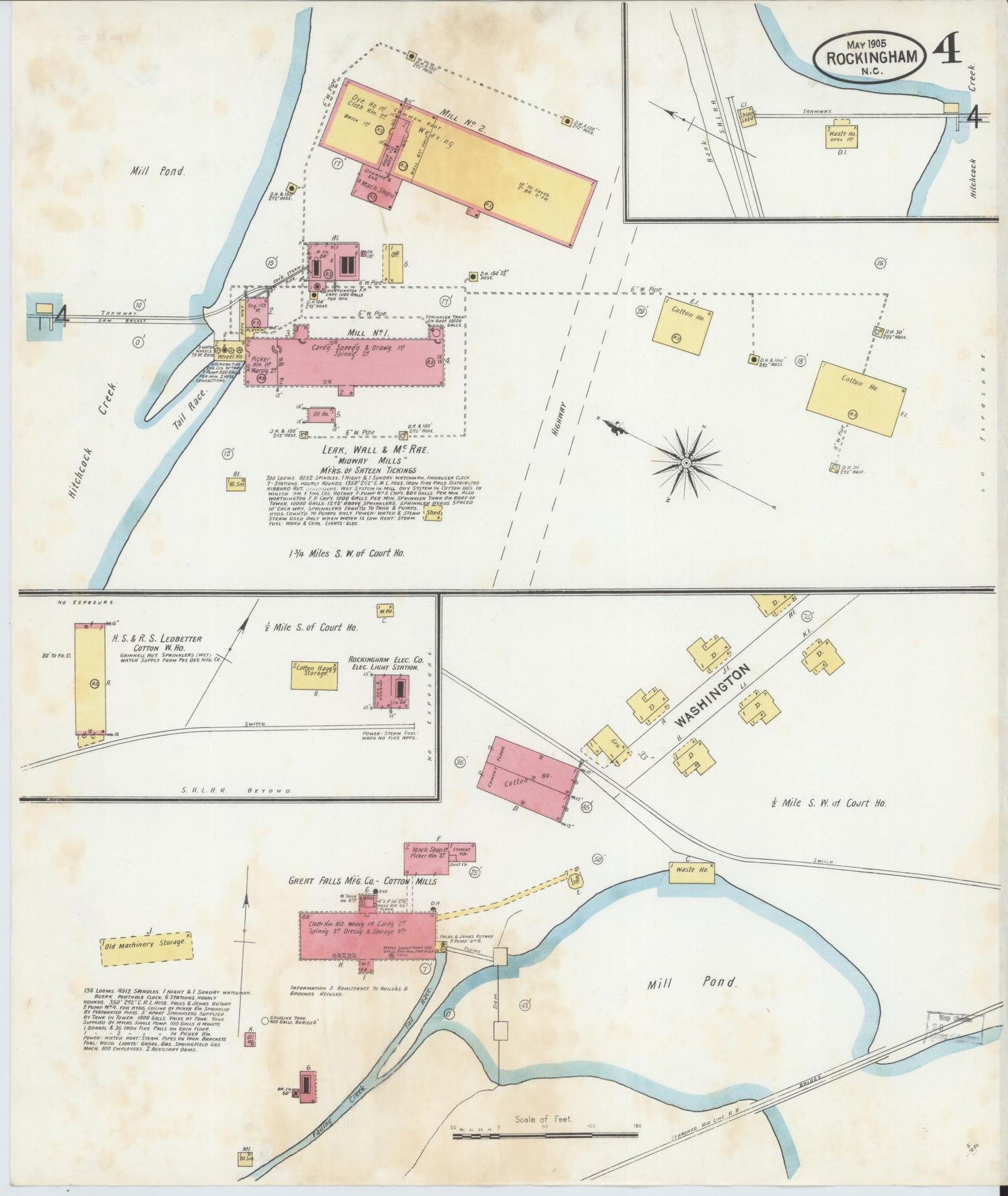 Sanborn Fire Insurance Map from Rockingham, Richmond County, North Carolina (1905), Sheet #0004 - Historic Sanborn Fire Insurance Map Print, vintage old map wall art, antique decor, genealogy gift, North Carolina North Carolina map