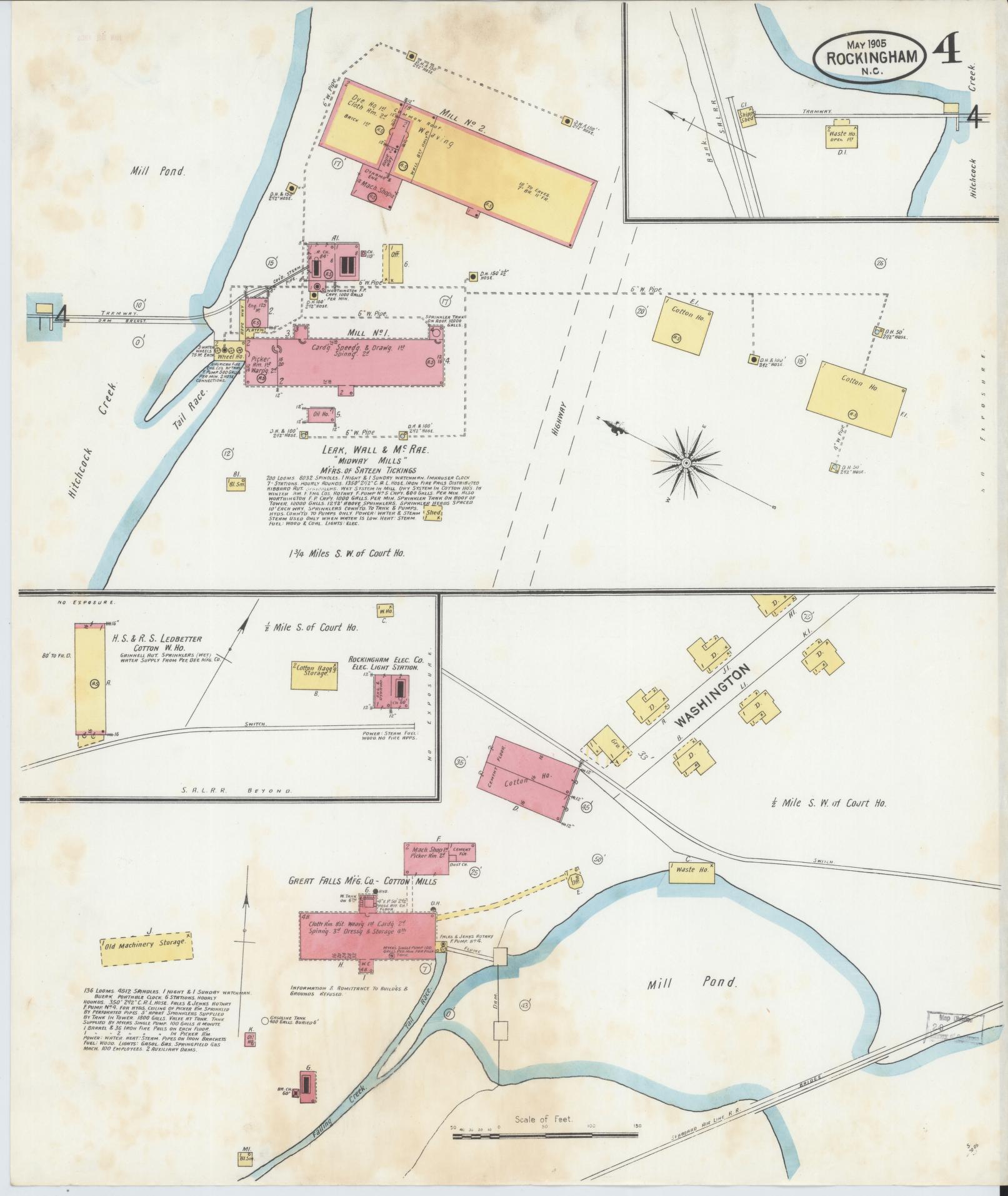 Sanborn Fire Insurance Map from Rockingham, Richmond County, North Carolina (1905), Sheet #0004 - Historic Sanborn Fire Insurance Map Print, vintage old map wall art, antique decor, genealogy gift, North Carolina North Carolina map