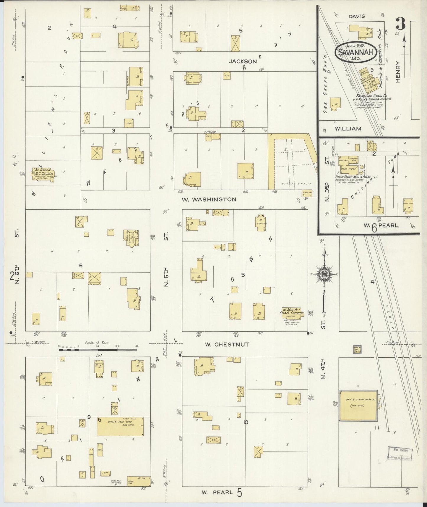 Sanborn Fire Insurance Map from Savannah, Andrew County, Missouri (1916), Sheet #0003 - Historic Sanborn Fire Insurance Map Print, vintage old map wall art, antique decor, genealogy gift, Missouri Missouri map