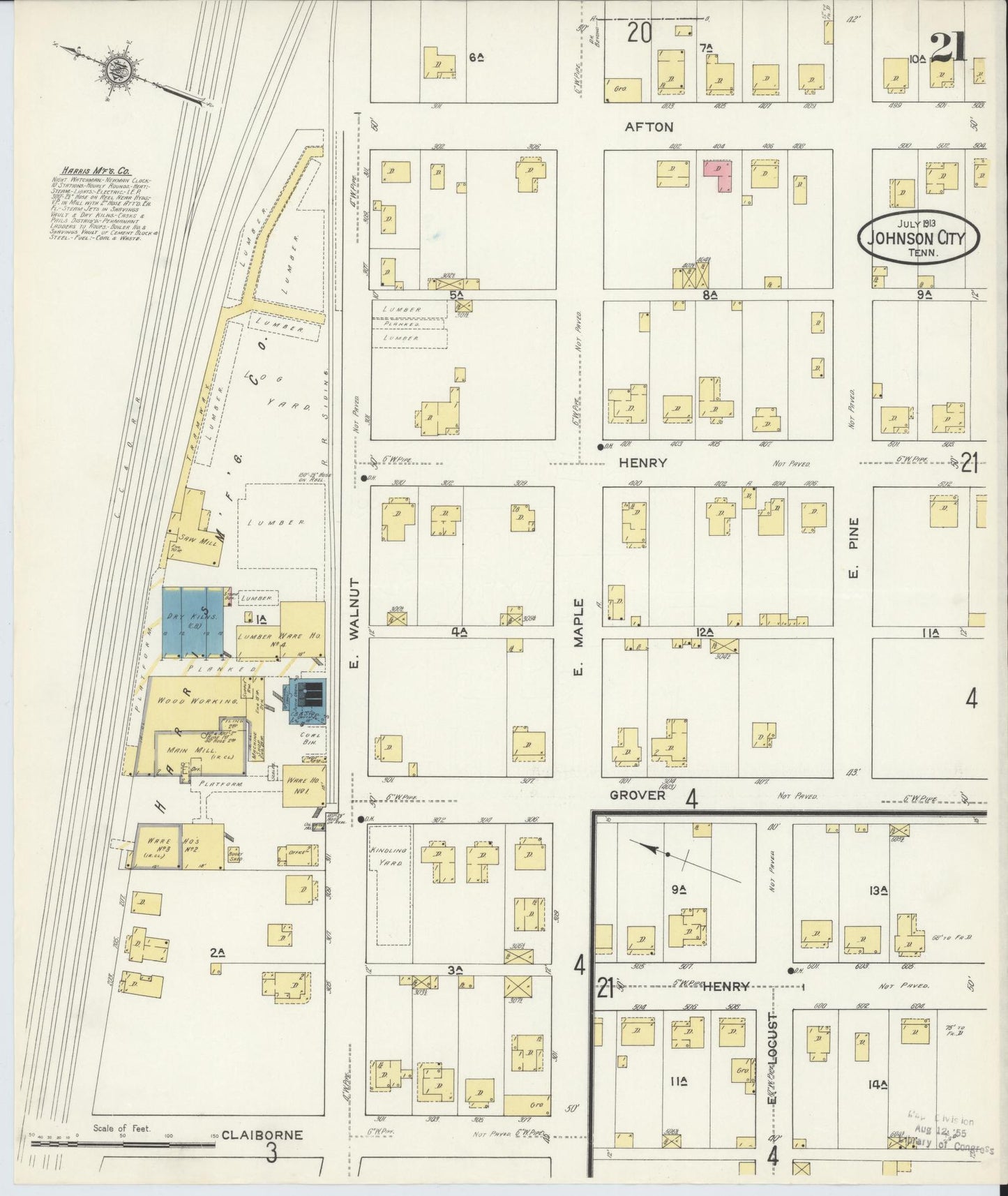 Sanborn Fire Insurance Map from Johnson City, Washington County, Tennessee (1913), Sheet #0021 - Complete Map Set gallery image, historic Sanborn map, vintage wall art, Tennessee Tennessee