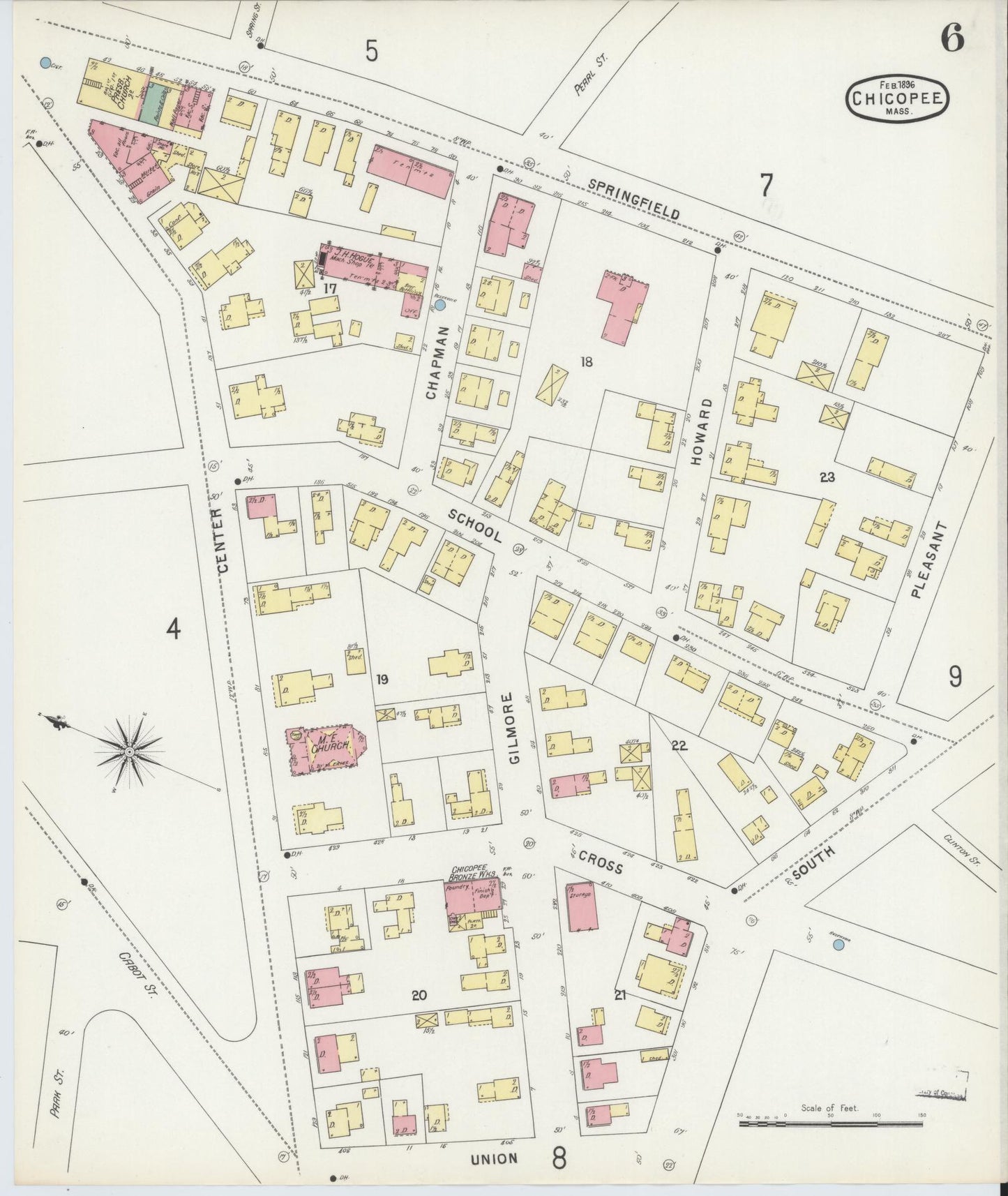 Sanborn Fire Insurance Map from Chicopee, Hampden County, Massachusetts (1896), Sheet #0006 - Historic Sanborn Fire Insurance Map Print, vintage old map wall art, antique decor, genealogy gift, Massachusetts Massachusetts map