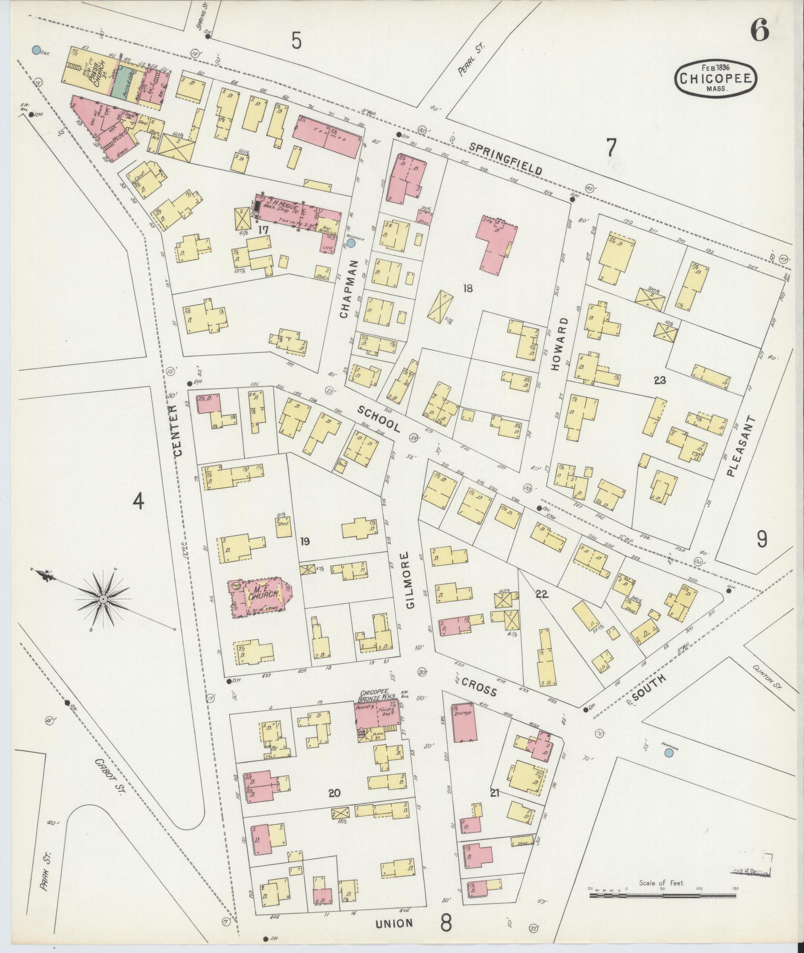 Sanborn Fire Insurance Map from Chicopee, Hampden County, Massachusetts (1896), Sheet #0006 - Historic Sanborn Fire Insurance Map Print, vintage old map wall art, antique decor, genealogy gift, Massachusetts Massachusetts map
