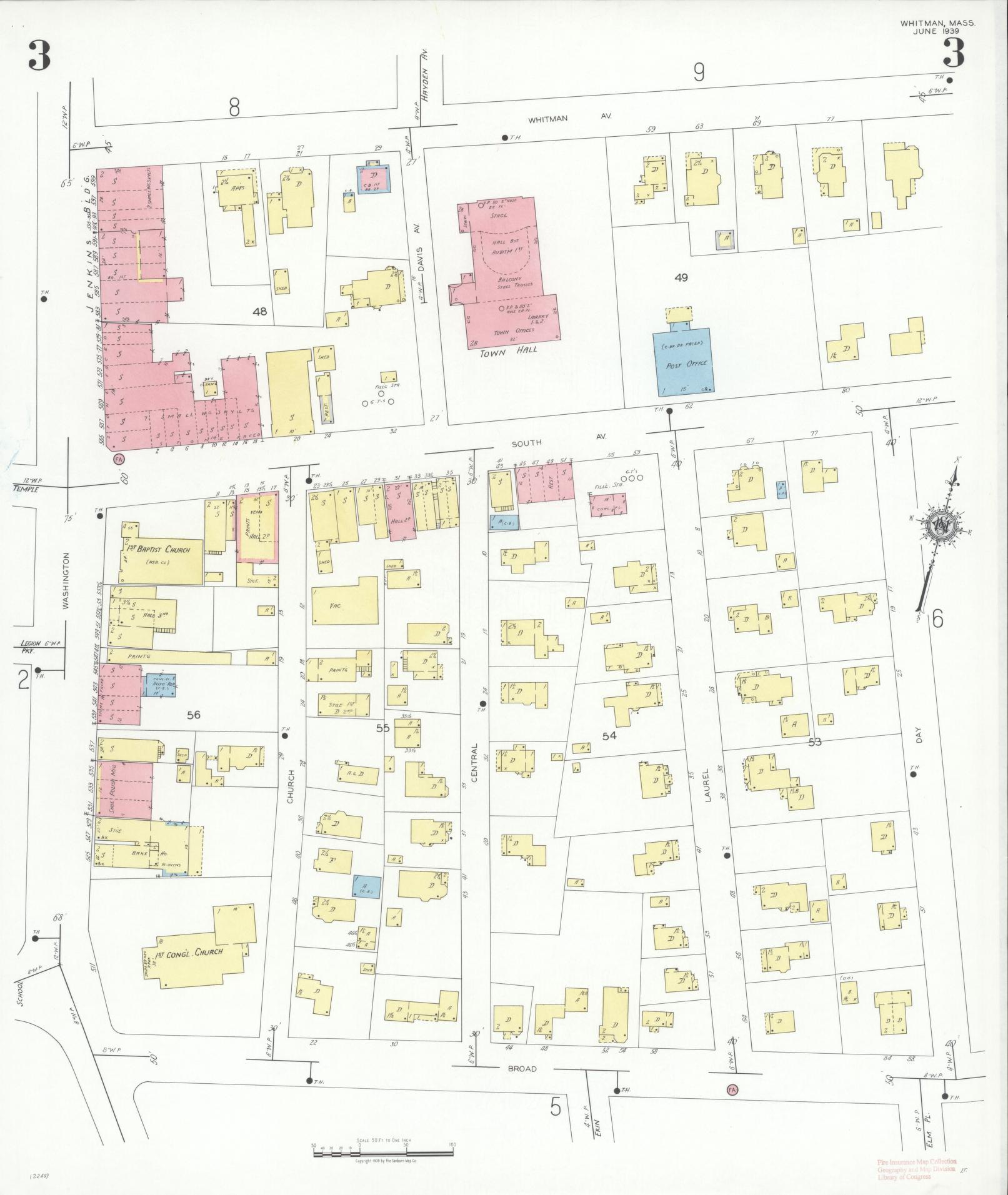 Sanborn Fire Insurance Map from Whitman, Plymouth County, Massachusetts (1939), Sheet #0003 - Complete Map Set gallery image, historic Sanborn map, vintage wall art, Massachusetts Massachusetts