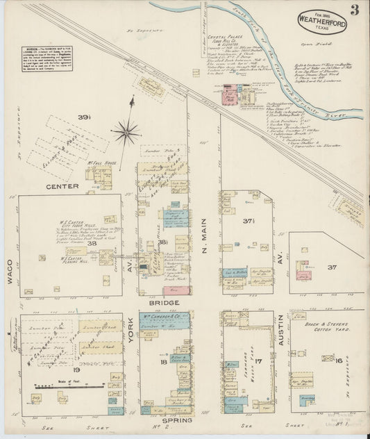 Sanborn Fire Insurance Map from Weatherford, Parker County, Texas (1885), Sheet #0003 - Historic Sanborn Fire Insurance Map Print, vintage old map wall art, antique decor, genealogy gift, Texas Texas map