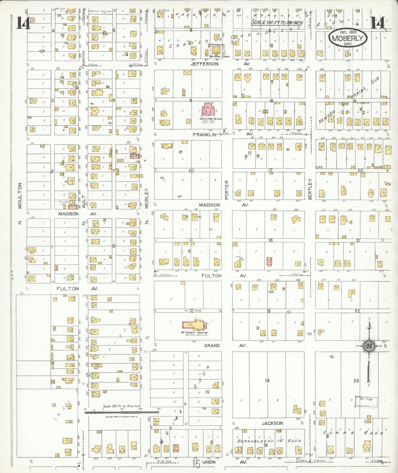 Sanborn Fire Insurance Map from Moberly, Randolph County, Missouri (1923), Sheet #0014 - Complete Map Set gallery image, historic Sanborn map, vintage wall art, Missouri Missouri