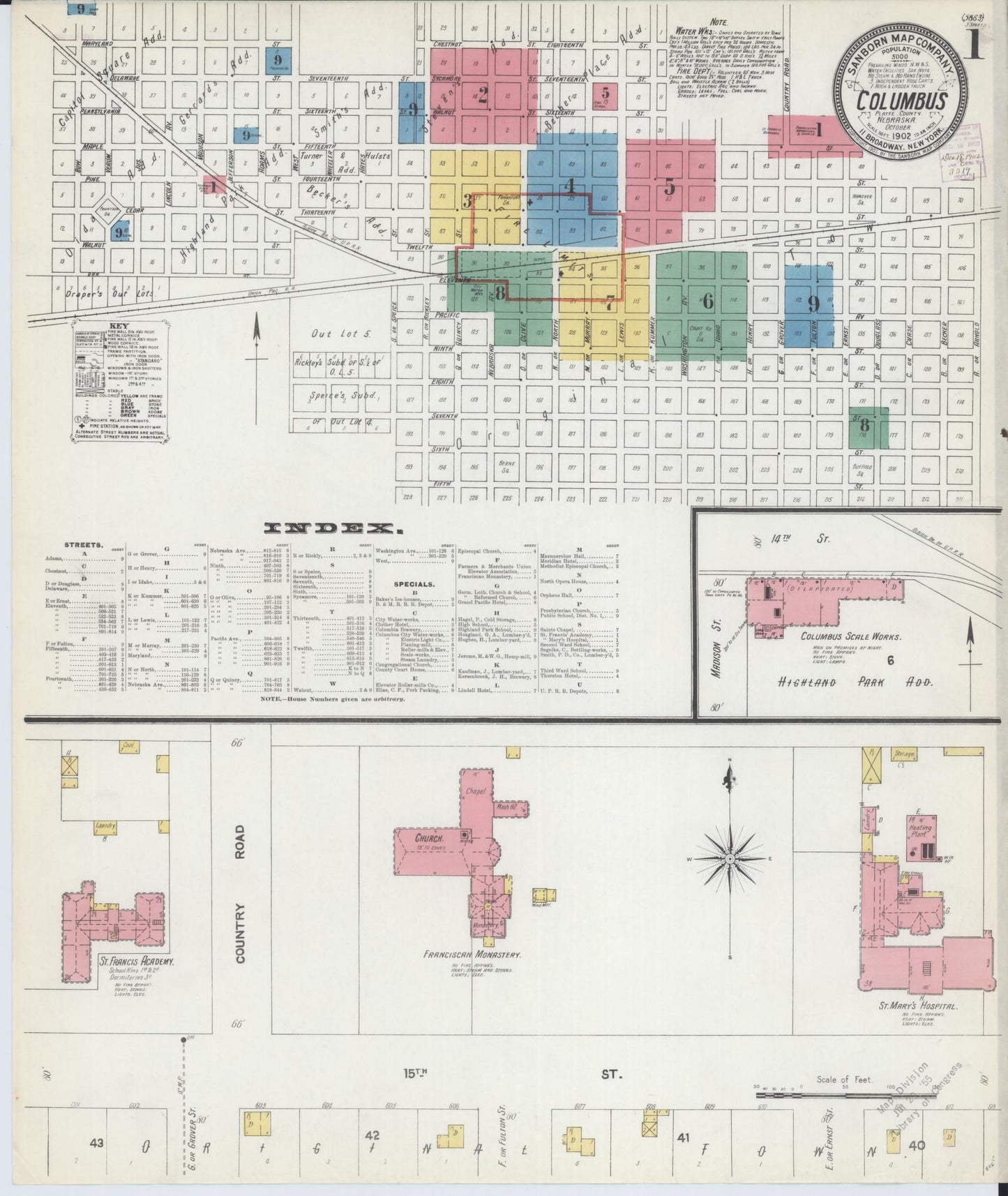 Sanborn Fire Insurance Map from Columbus, Platte County, Nebraska (1902), Sheet #0001 - Historic Sanborn Fire Insurance Map Print, vintage old map wall art, antique decor, genealogy gift, Nebraska Nebraska map
