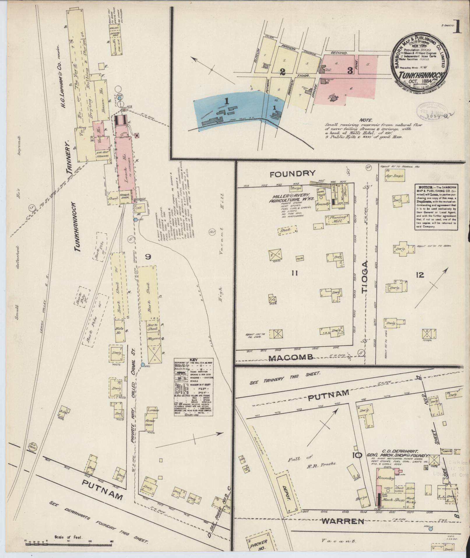 Sanborn Fire Insurance Map from Tunkhannock, Wyoming County, Pennsylvania (1884), Sheet #0001 - Complete Map Set gallery image, historic Sanborn map, vintage wall art, Pennsylvania Pennsylvania