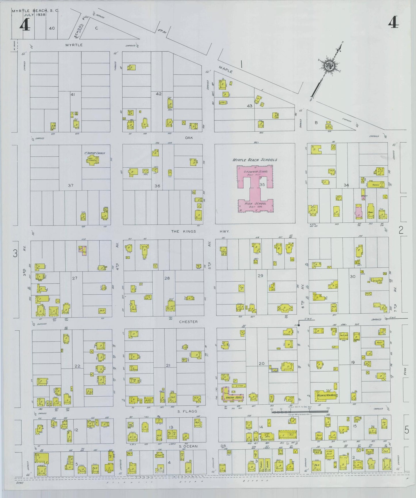 Sanborn Fire Insurance Map from Myrtle Beach, Horry County, South Carolina (1938), Sheet #0004 - Complete Map Set gallery image, historic Sanborn map, vintage wall art, South Carolina South Carolina