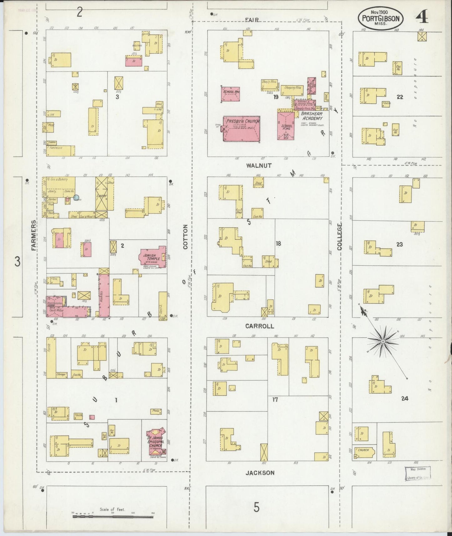 Sanborn Fire Insurance Map from Port Gibson, Claiborne County, Mississippi (1900), Sheet #0004 - Historic Sanborn Fire Insurance Map Print, vintage old map wall art, antique decor, genealogy gift, Mississippi Mississippi map