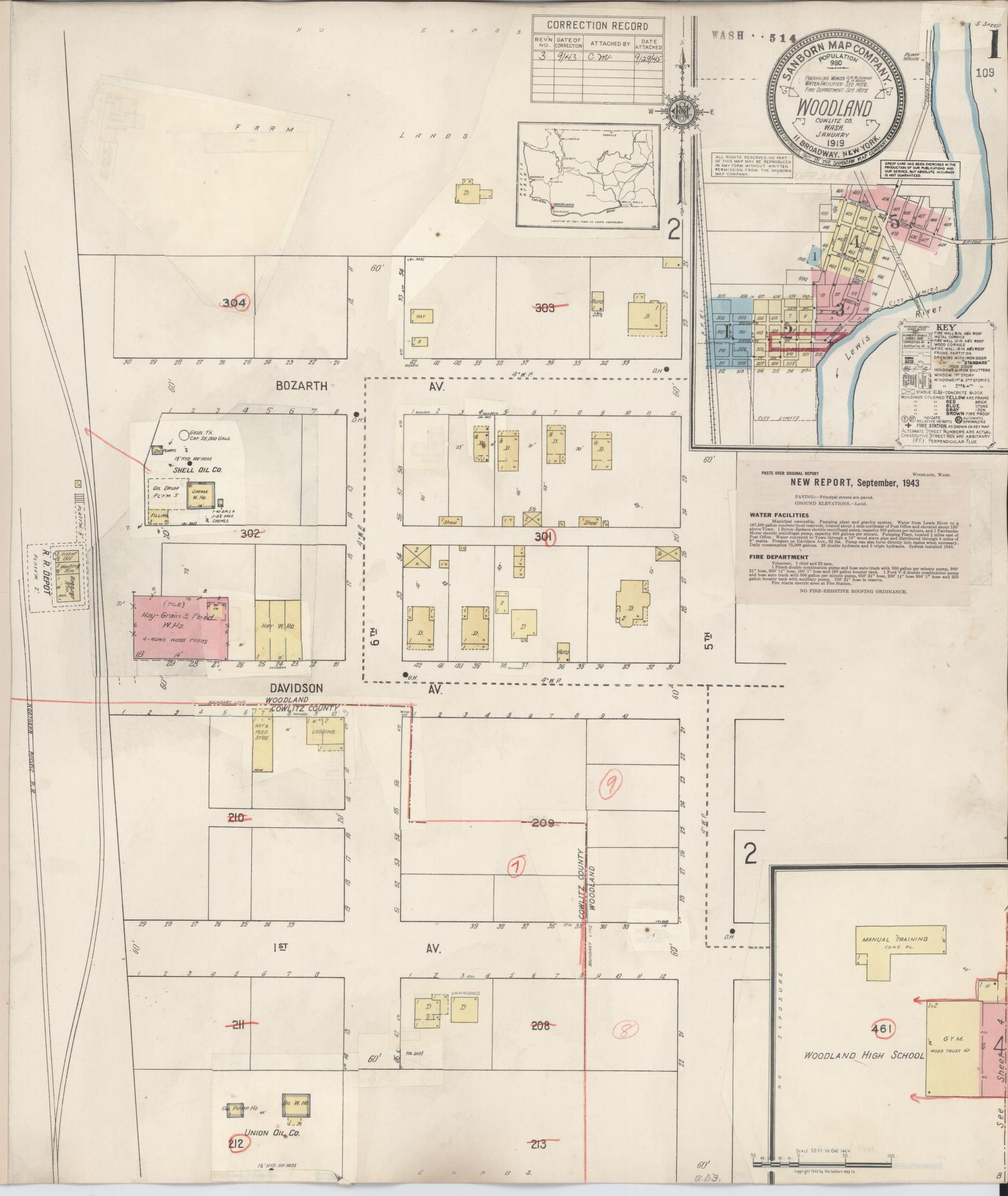 Sanborn Fire Insurance Map from Woodland, Cowlitz County, Washington (1943), Sheet #0001 - Complete Map Set gallery image, historic Sanborn map, vintage wall art, Washington Washington