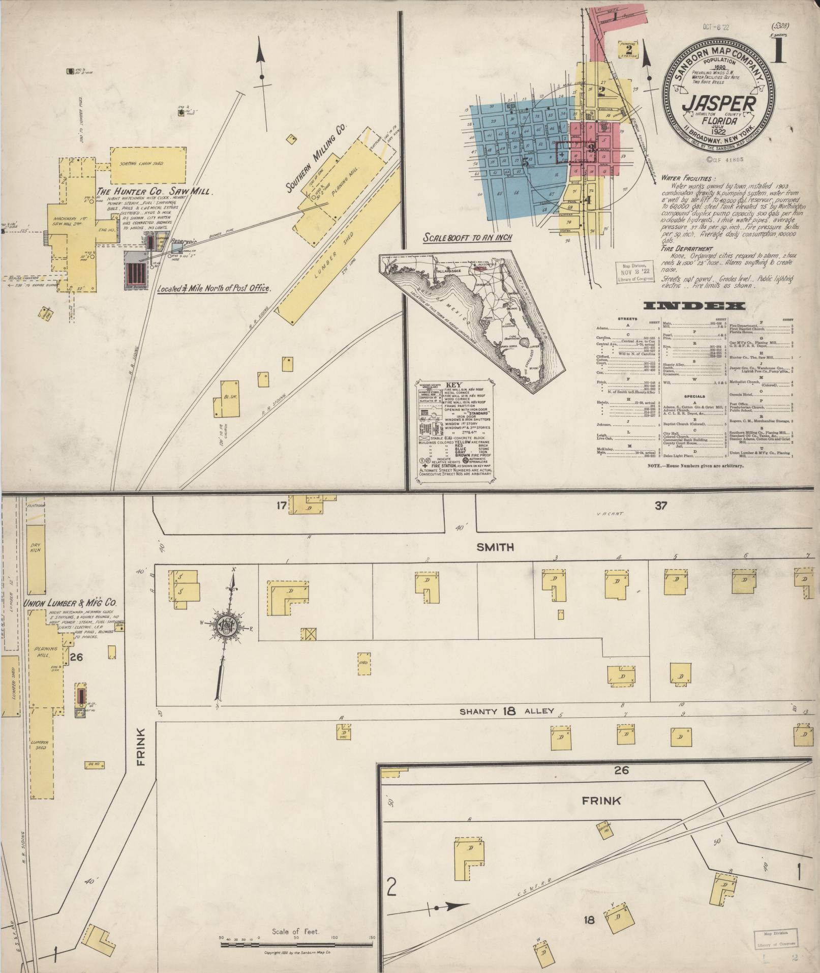 Sanborn Fire Insurance Map from Jasper, Hamilton County, Florida (1922), Sheet #0001 - Complete Map Set gallery image, historic Sanborn map, vintage wall art, Florida Florida