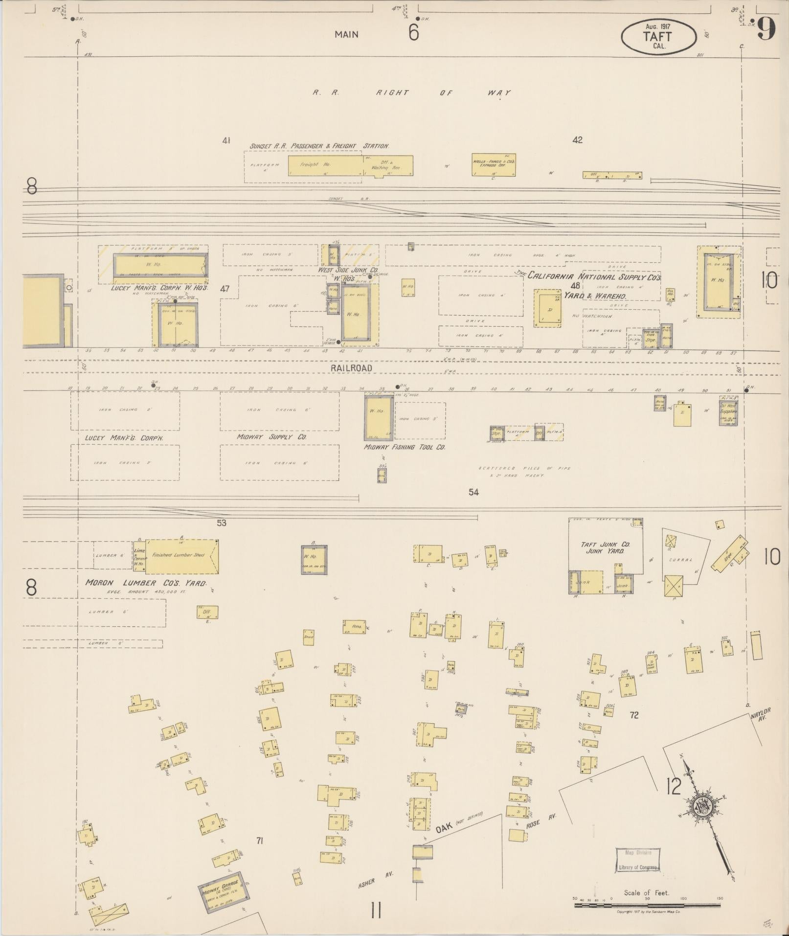 Sanborn Fire Insurance Map from Taft, Kern County, California (1917), Sheet #0009 - Complete Map Set gallery image, historic Sanborn map, vintage wall art, California California