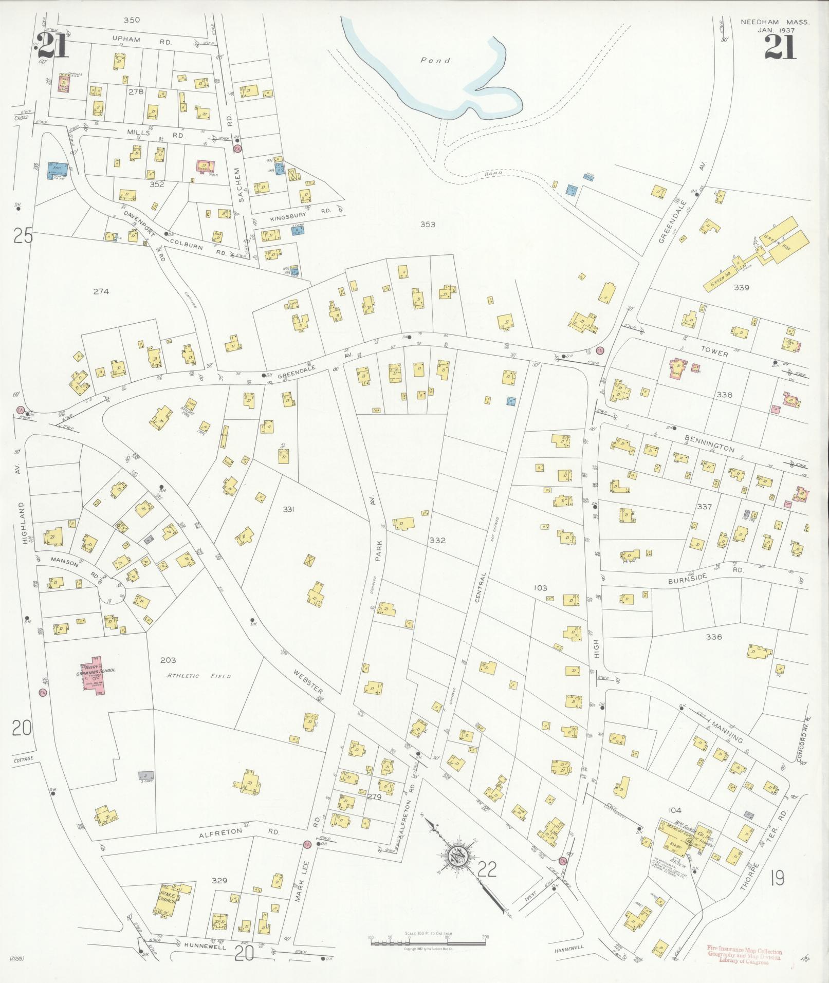 Sanborn Fire Insurance Map from Needham, Norfolk County, Massachusetts (1937), Sheet #0021 - Complete Map Set gallery image, historic Sanborn map, vintage wall art, Massachusetts Massachusetts