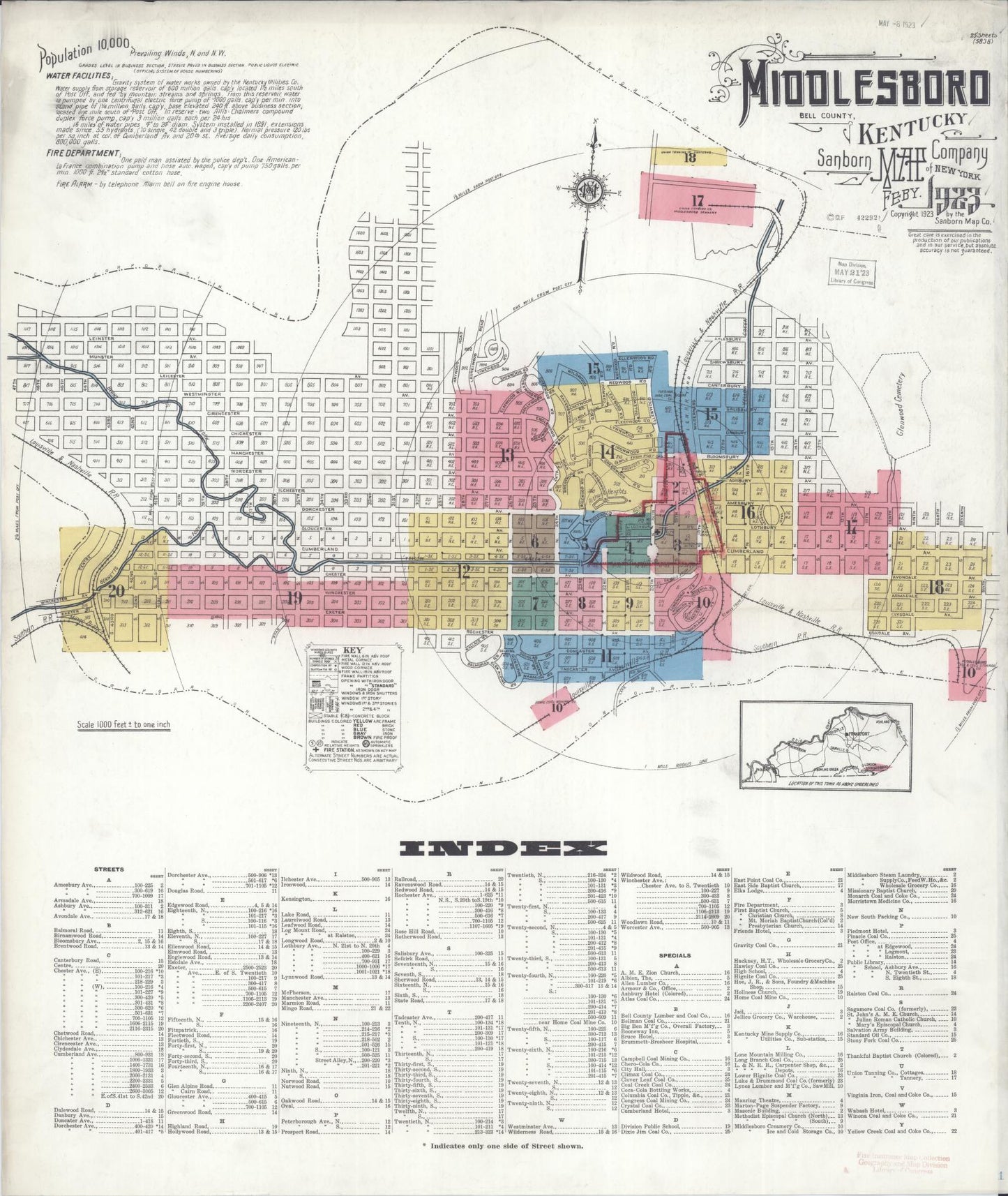 Sanborn Fire Insurance Map from Middlesboro, Bell County, Kentucky (1923), Sheet #0001 - Complete Map Set gallery image, historic Sanborn map, vintage wall art, Kentucky Kentucky