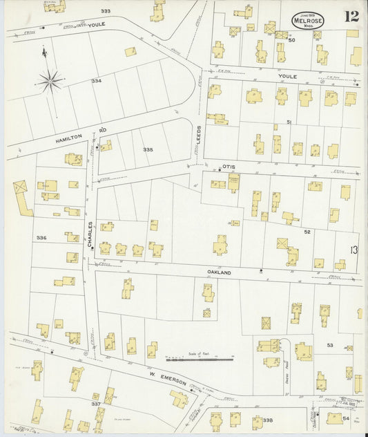Sanborn Fire Insurance Map from Melrose, Middlesex County, Massachusetts (1909), Sheet #0012 - Historic Sanborn Fire Insurance Map Print, vintage old map wall art, antique decor, genealogy gift, Massachusetts Massachusetts map