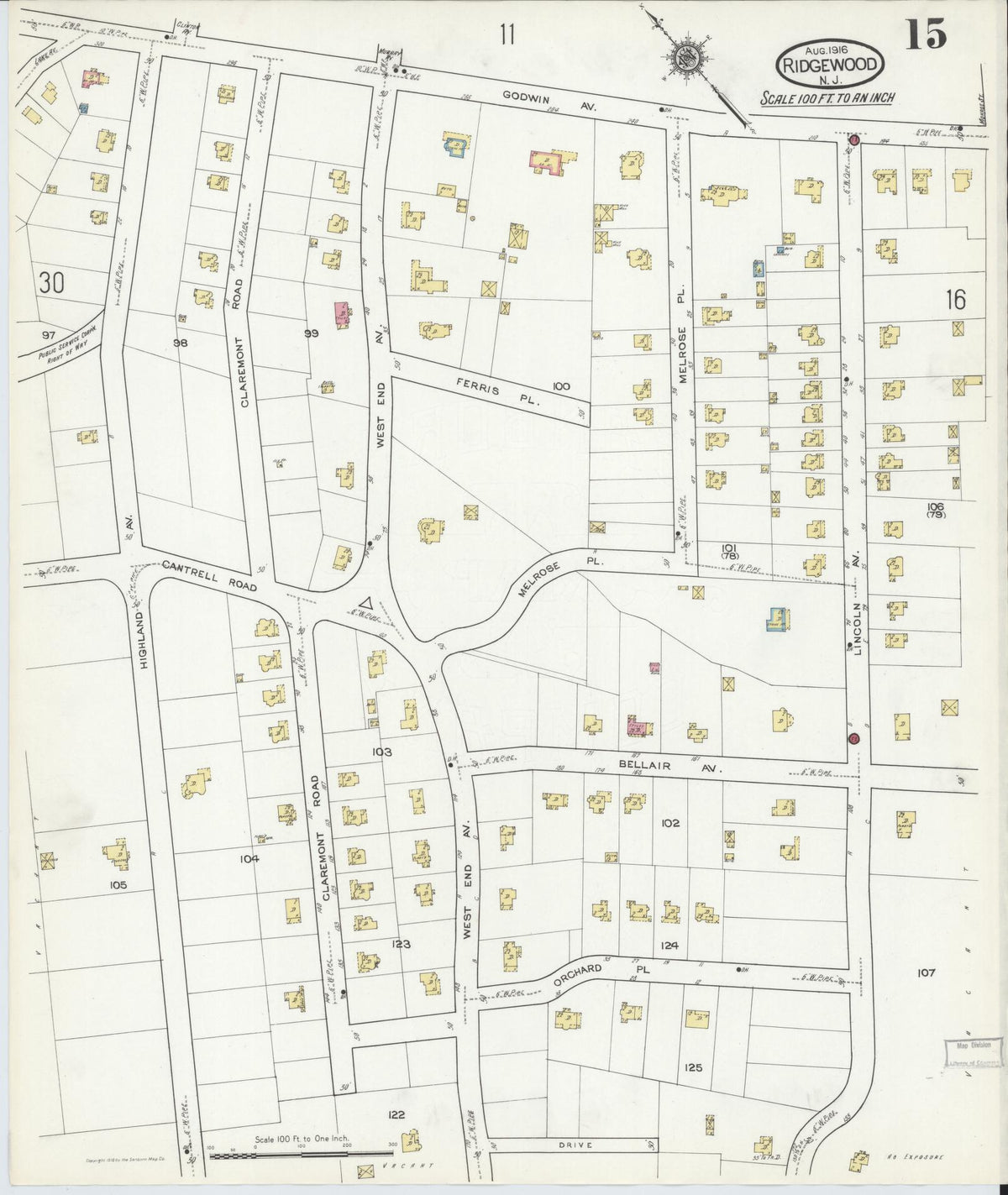 Sanborn Fire Insurance Map from Ridgewood, Bergen County, New Jersey (1916), Sheet #0015 - Complete Map Set gallery image, historic Sanborn map, vintage wall art, New Jersey New Jersey