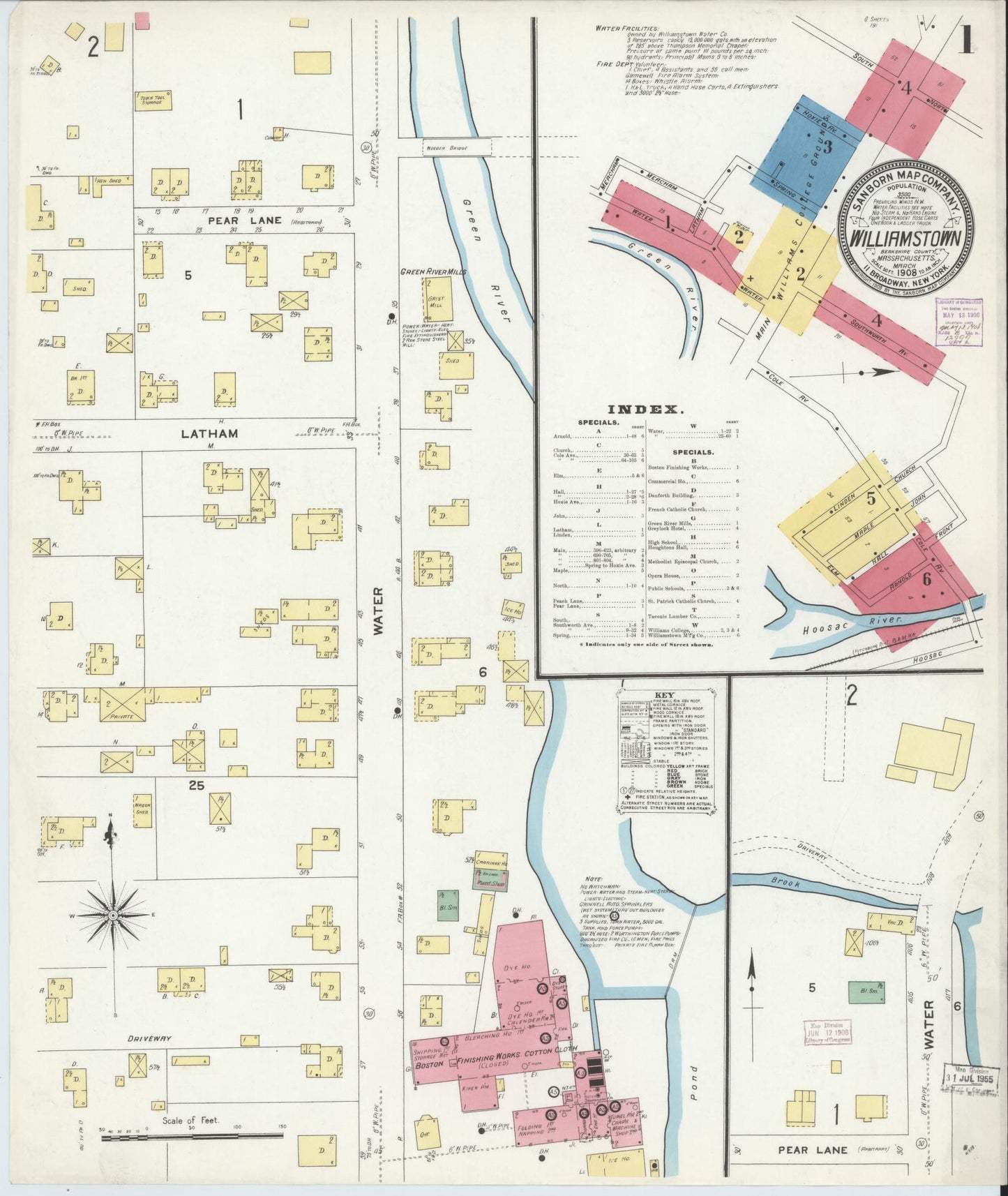 Sanborn Fire Insurance Map from Williamstown, Berkshire County, Massachusetts (1908), Sheet #0001 - Historic Sanborn Fire Insurance Map Print, vintage old map wall art, antique decor, genealogy gift, Massachusetts Massachusetts map