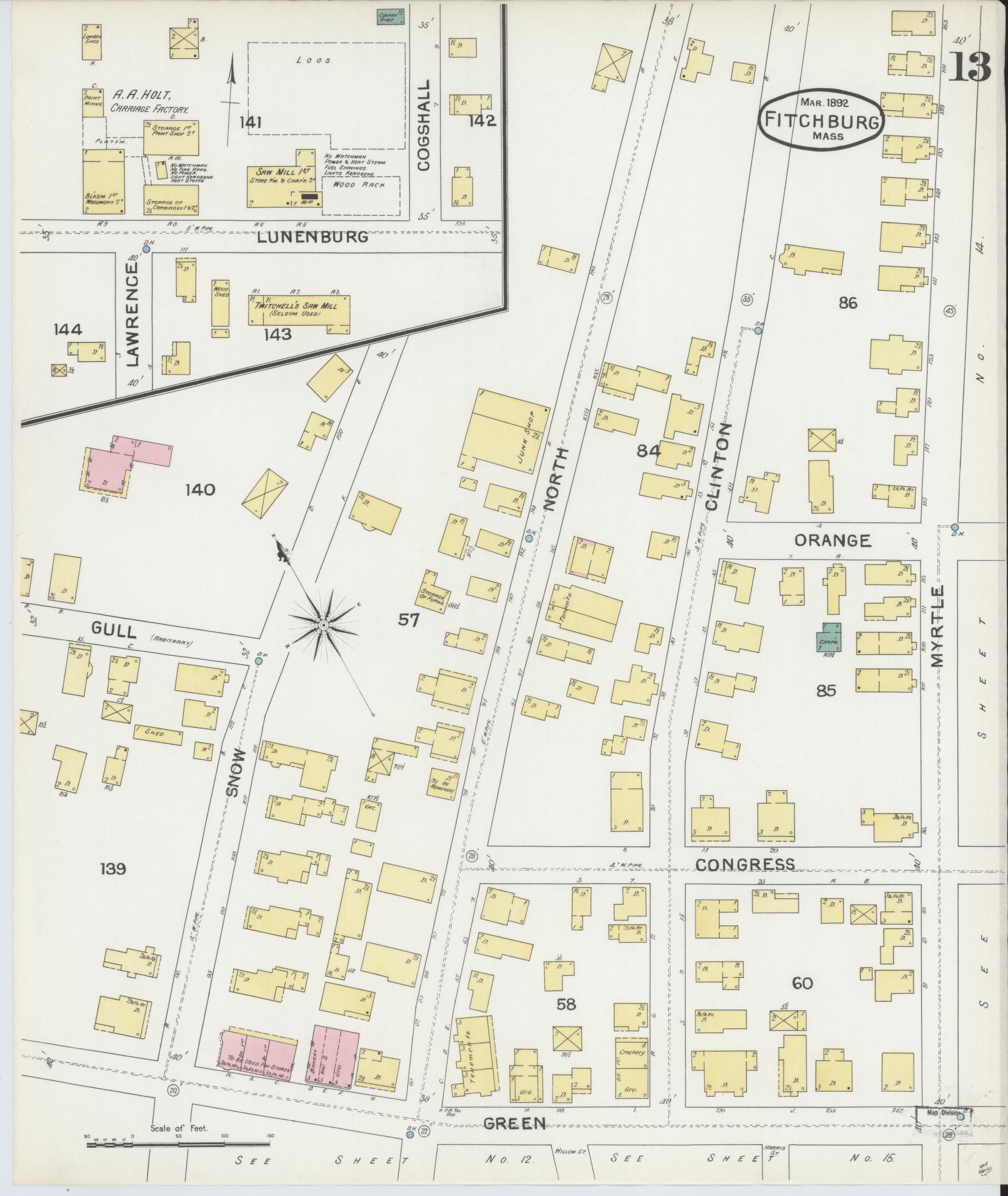 Sanborn Fire Insurance Map from Fitchburg, Worcester County, Massachusetts (1892), Sheet #0013 - Complete Map Set gallery image, historic Sanborn map, vintage wall art, Massachusetts Massachusetts