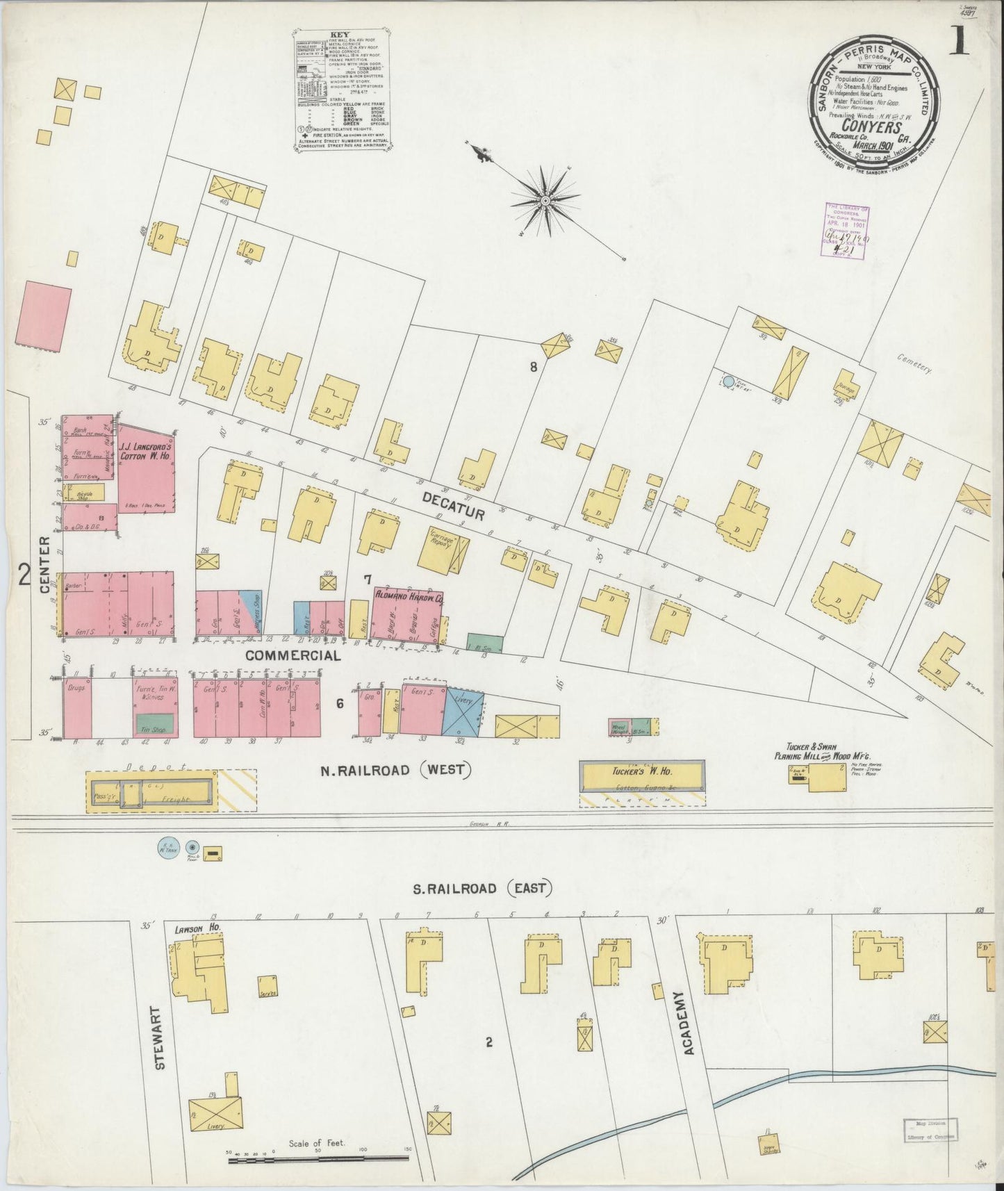 Sanborn Fire Insurance Map from Conyers, Rockdale County, Georgia (1901), Sheet #0001 - Complete Map Set gallery image, historic Sanborn map, vintage wall art, Georgia Georgia