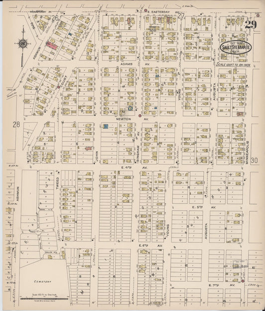 Sanborn Fire Insurance Map from Sault Sainte Marie, Chippewa County, Michigan (1922), Sheet #0029 - Historic Sanborn Fire Insurance Map Print, vintage old map wall art, antique decor, genealogy gift, Michigan Michigan map