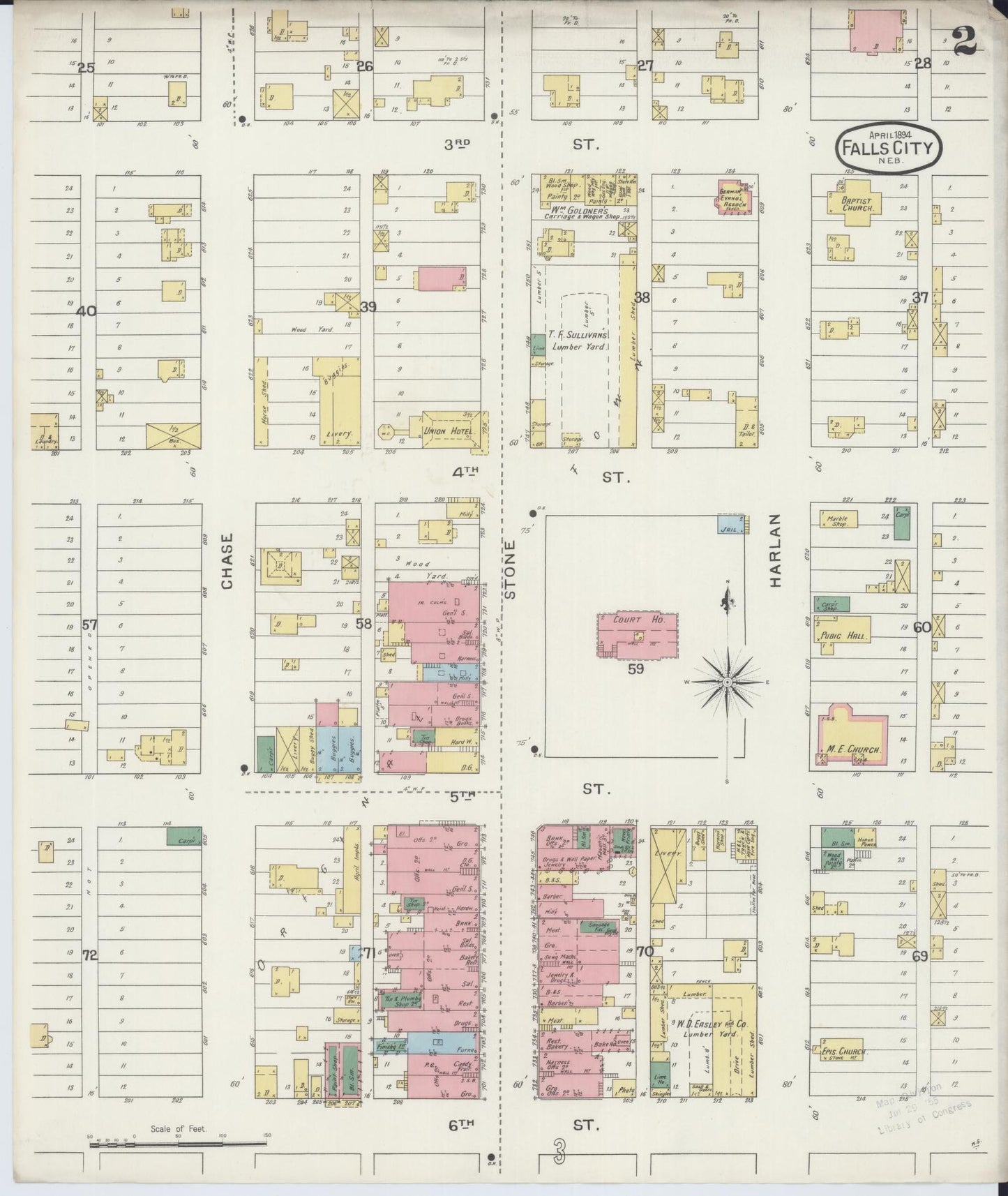 Sanborn Fire Insurance Map from Falls City, Richardson County, Nebraska (1894), Sheet #0002 - Complete Map Set gallery image, historic Sanborn map, vintage wall art, Nebraska Nebraska