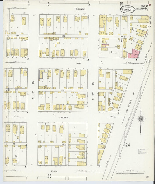 Sanborn Fire Insurance Map from Wyandotte, Wayne County, Michigan (1912), Sheet #0022 - Historic Sanborn Fire Insurance Map Print, vintage old map wall art, antique decor, genealogy gift, Michigan Michigan map