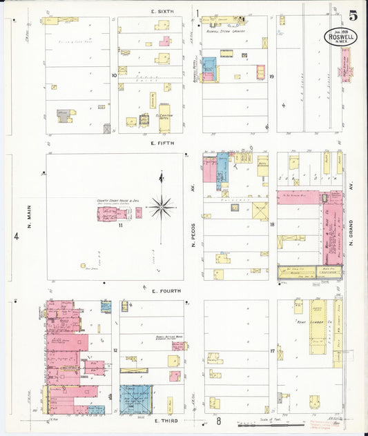 Sanborn Fire Insurance Map from Roswell, Chaves County, New Mexico (1909), Sheet #0005 - Historic Sanborn Fire Insurance Map Print, vintage old map wall art, antique decor, genealogy gift, New Mexico New Mexico map