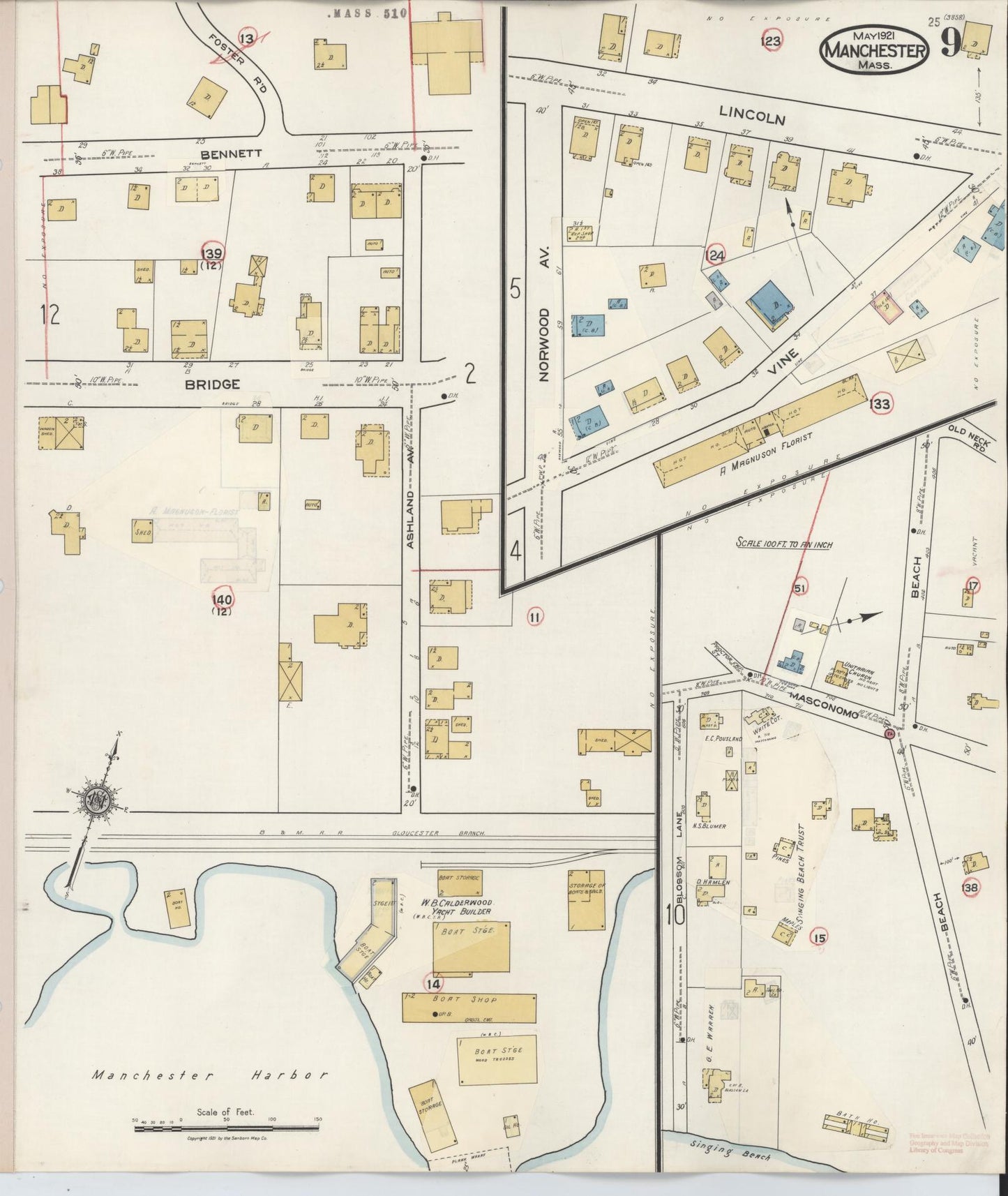 Sanborn Fire Insurance Map from Manchester, Essex County, Massachusetts (1941), Sheet #0009 - Historic Sanborn Fire Insurance Map Print, vintage old map wall art, antique decor, genealogy gift, Massachusetts Massachusetts map