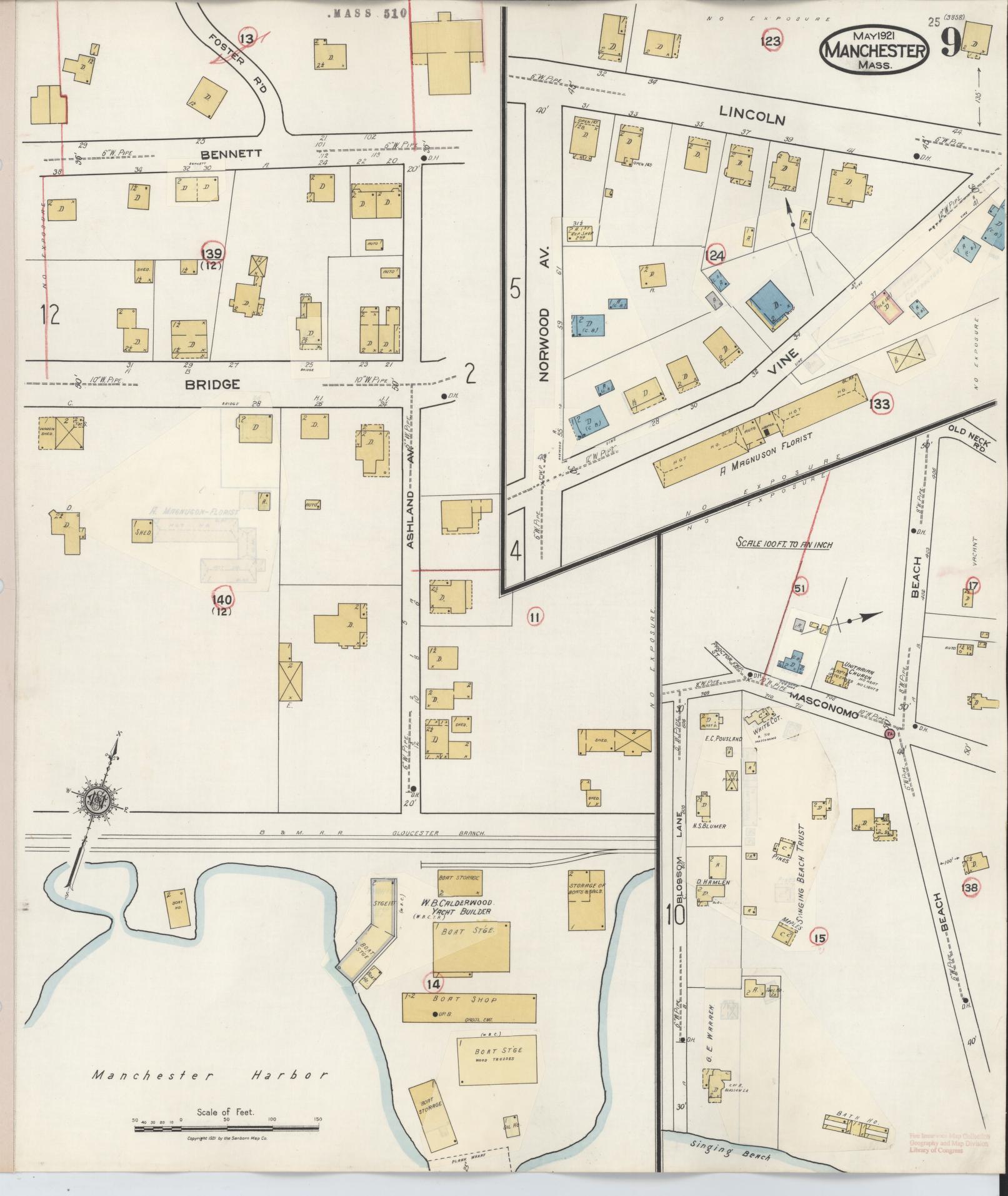 Sanborn Fire Insurance Map from Manchester, Essex County, Massachusetts (1941), Sheet #0009 - Historic Sanborn Fire Insurance Map Print, vintage old map wall art, antique decor, genealogy gift, Massachusetts Massachusetts map