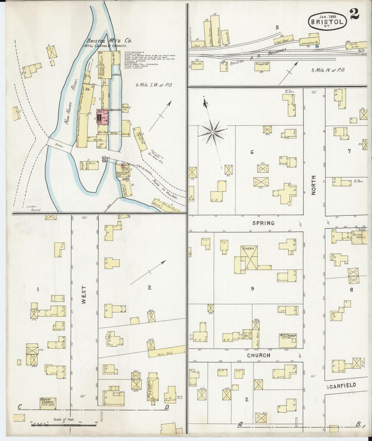 Sanborn Fire Insurance Map from Bristol, Addison County, Vermont (1895), Sheet #0002 - Historic Sanborn Fire Insurance Map Print, vintage old map wall art, antique decor, genealogy gift, Vermont Vermont map