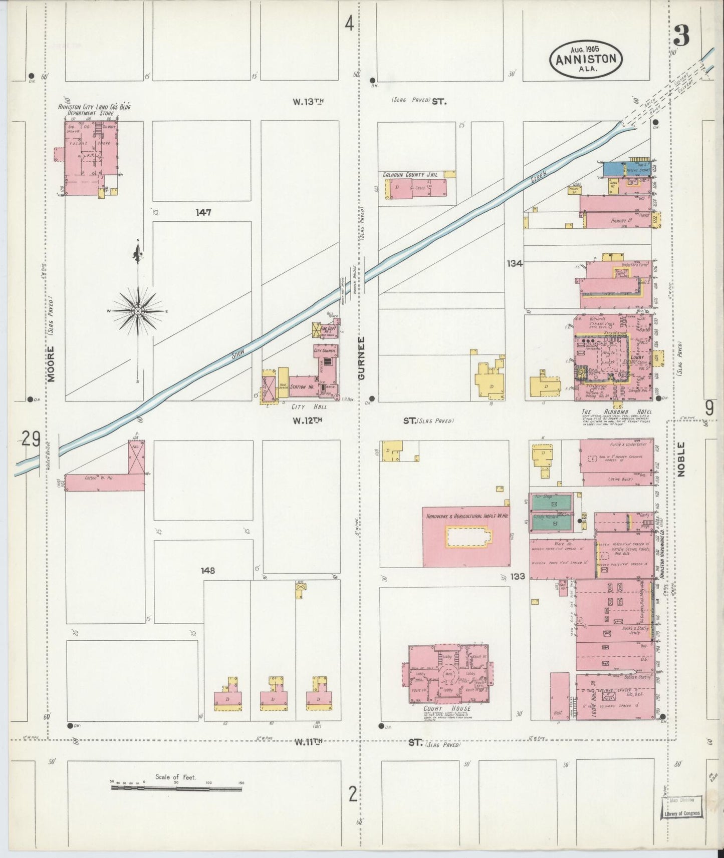 Sanborn Fire Insurance Map from Anniston, Calhoun County, Alabama (1905), Sheet #0003 - Historic Sanborn Fire Insurance Map Print, vintage old map wall art, antique decor, genealogy gift, Alabama Alabama map
