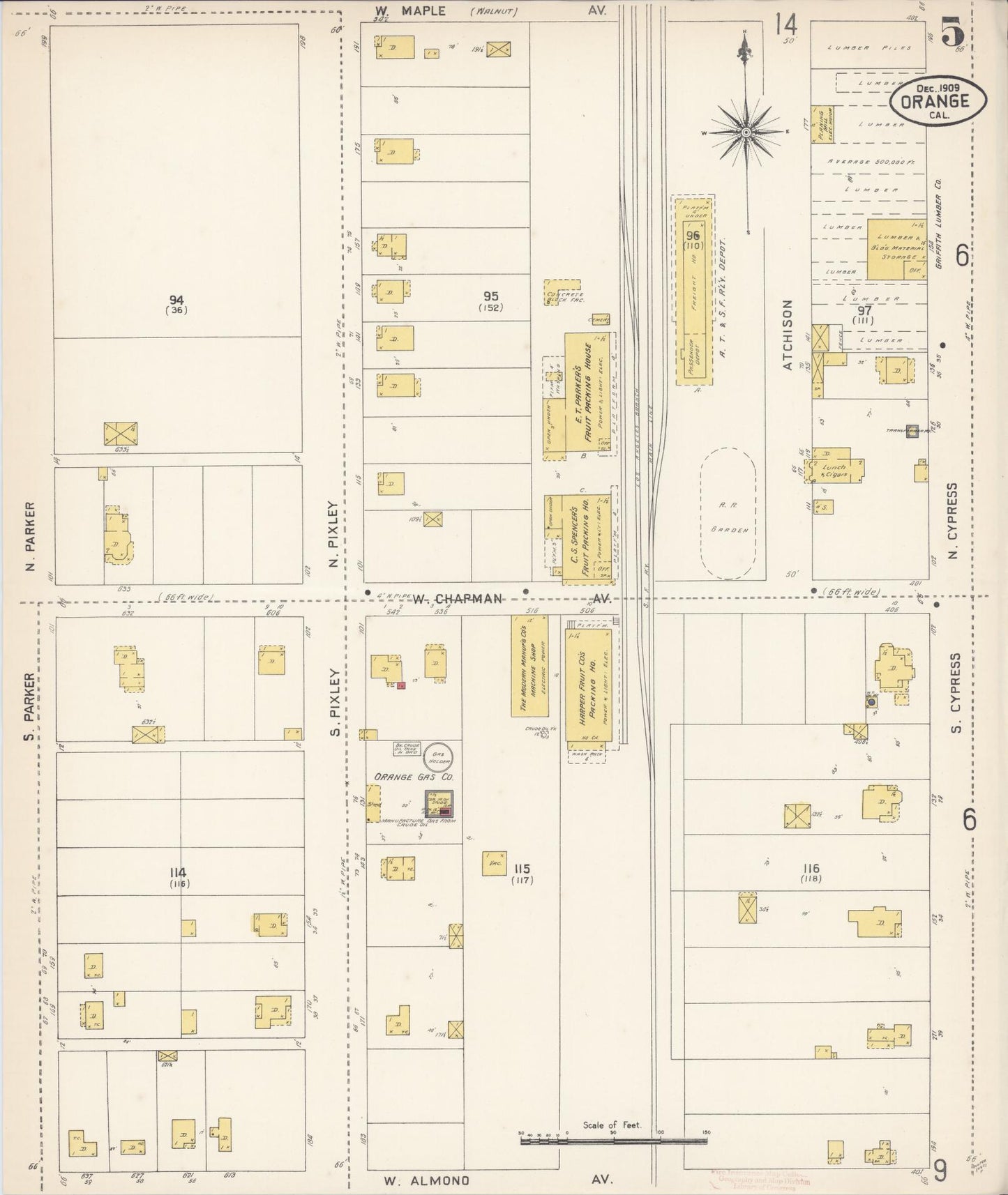 Sanborn Fire Insurance Map from Orange, Orange County, California (1909), Sheet #0005 - Complete Map Set gallery image, historic Sanborn map, vintage wall art, California California