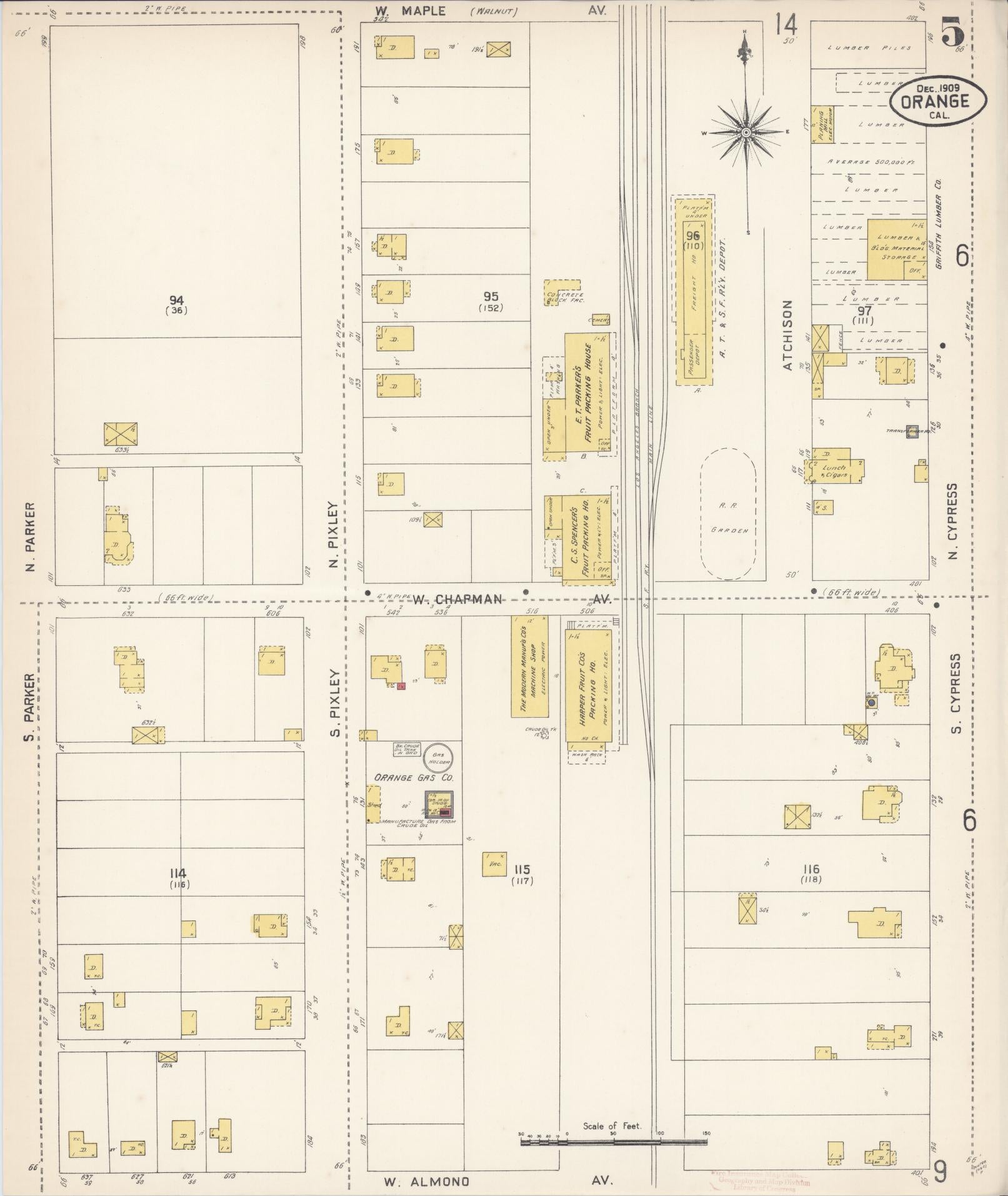 Sanborn Fire Insurance Map from Orange, Orange County, California (1909), Sheet #0005 - Complete Map Set gallery image, historic Sanborn map, vintage wall art, California California